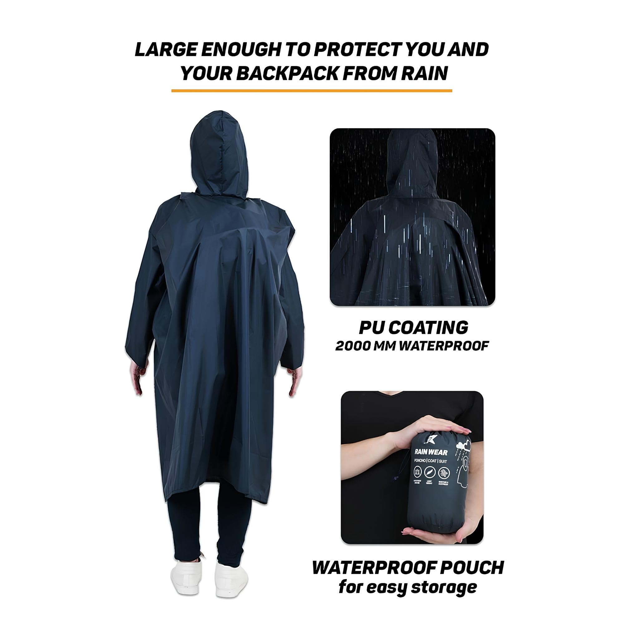 ROCKSPORT Unisex Hooded Rain Poncho for Adult, Polyester Waterproof, lightweight,Reusable& Packable, Long Sleeve & One Size Fits Most, Free Size (Blue) 2