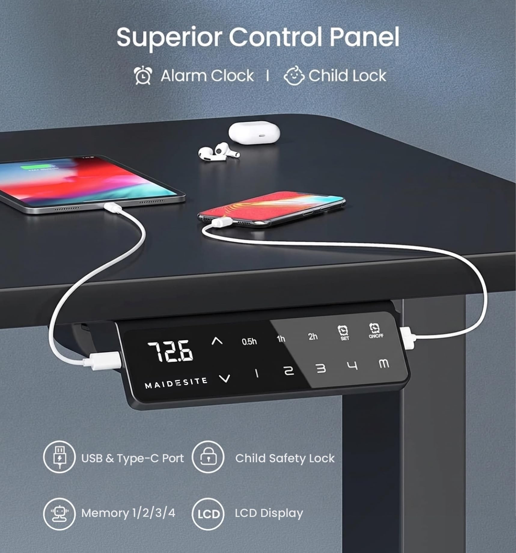 MAIDeSITe Mesa de pie eléctrica Ajustable en Altura 2 Patas Elevadoras con Motor Dual Negro