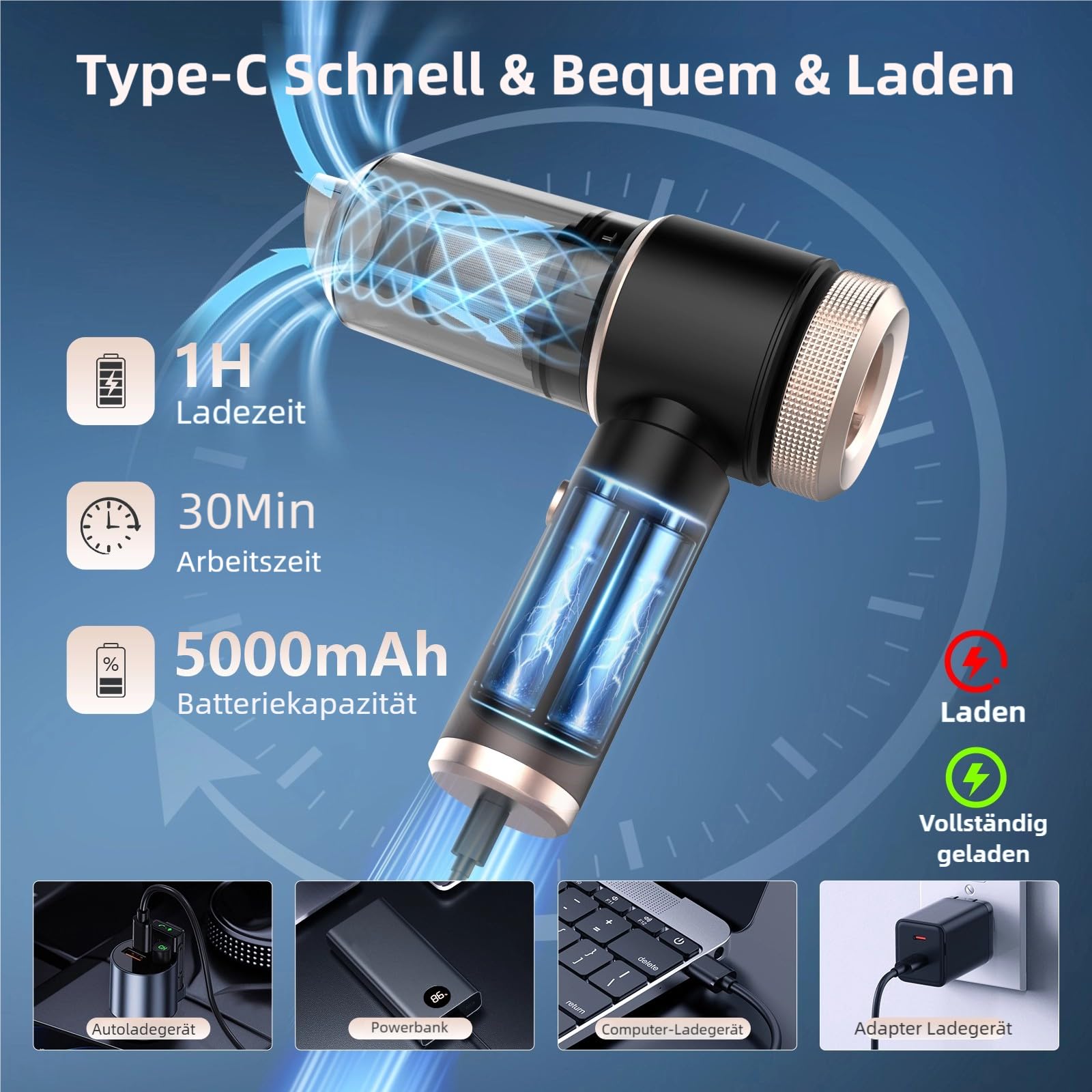 Handstaubsauger Mini, 5000mAh Akku USB-C, 380g leicht, 7 Aufsätze, 60dB leise, für Auto & Zuhause, mit Metallfilter + HEPA-Filter
