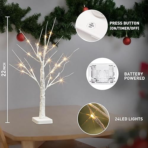 Miniatura 3 de PABIPABI Árbol de abedul iluminado, paquete de 2 árboles de Navidad con 24 LED, centro de mesa, luces artificiales para árbol de mesa, temporizador