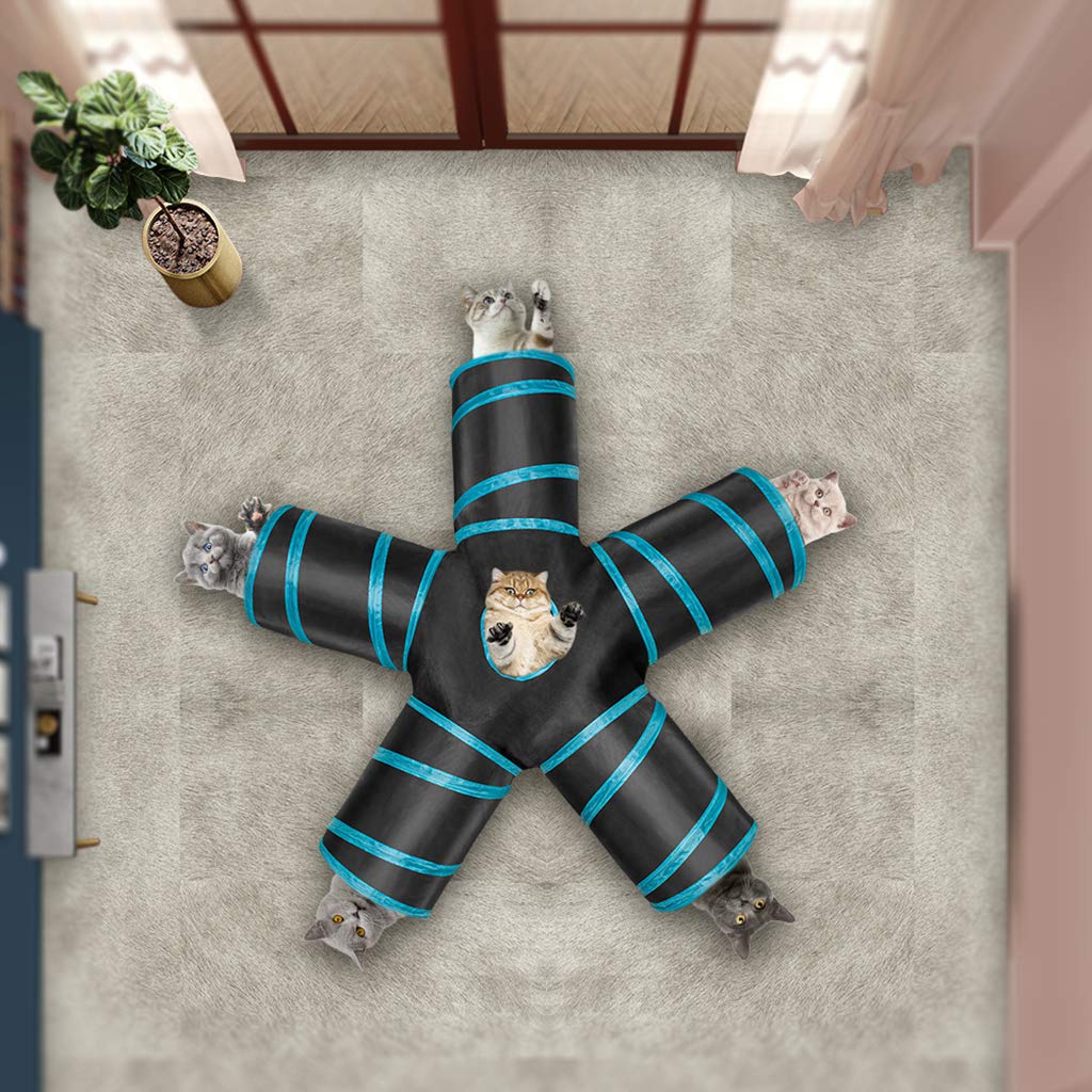 Túnel de juguete para gatos de 5 vías, tubo plegable, juego interactivo con pompones y campanas para gatos, cachorros, conejos, cobayas, uso interior y exterior