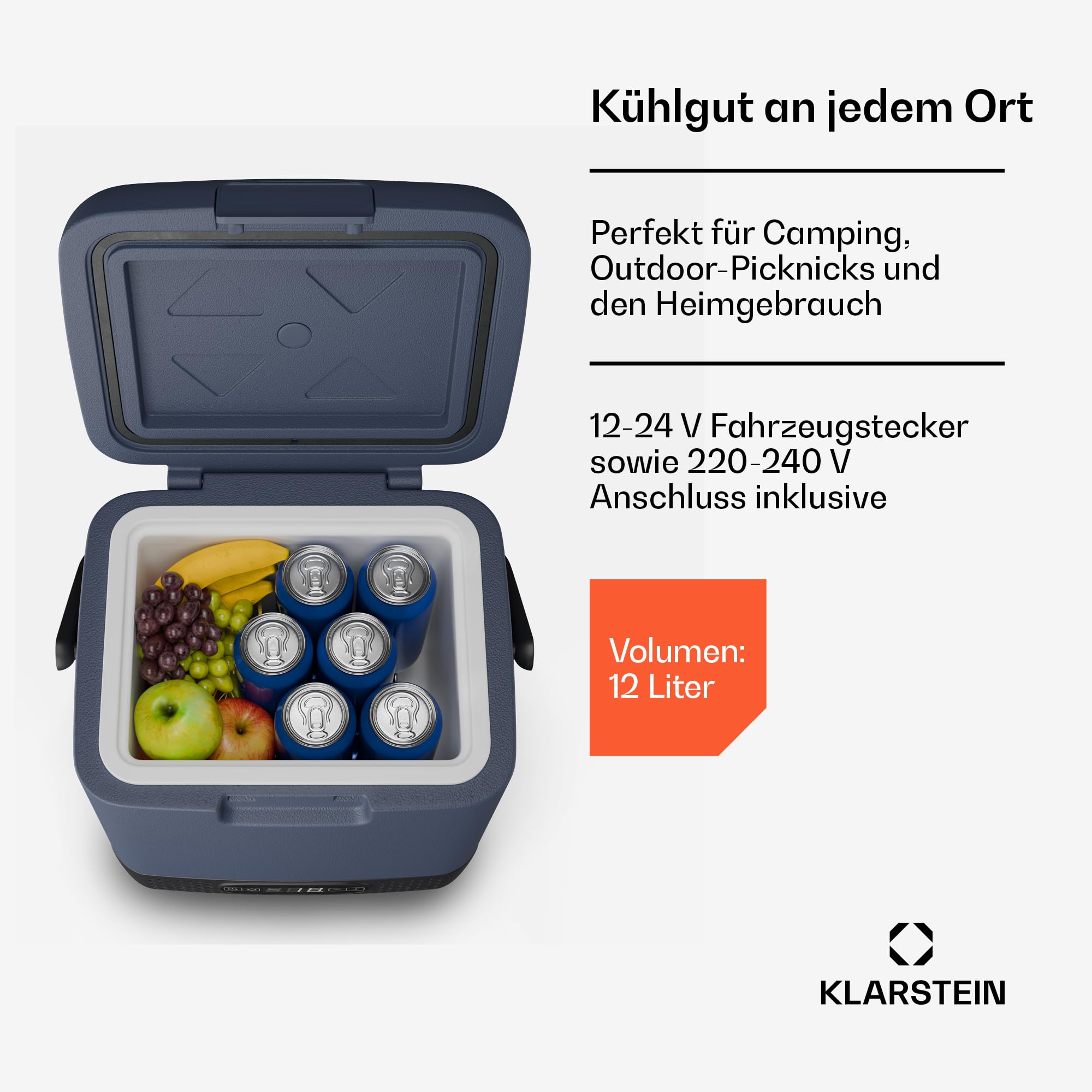 Klarstein SwiftFrost 12L Kompressor Kühlbox mit Gefrierfach – tragbare elektrische Kühlbox, LED-Anzeige, Dual Power (12 V/230 V), –20 °C bis 20 °C, ECO- und MAX-Modus, ideal für Camping und Auto