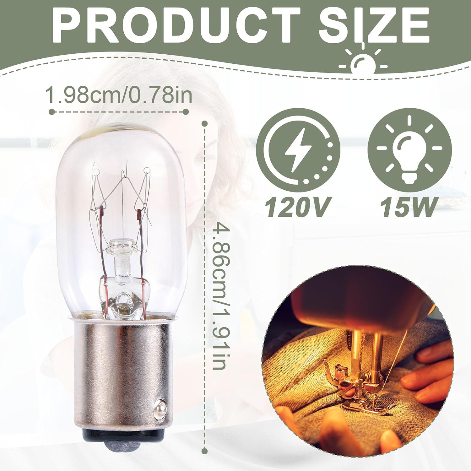 2pcs Sewing Machine Light Bulbs, Sewing Machine 120v 15w Light Bulb Clear and Bright Lighting Equipment with Push-in Base for Singer Janome Home Workshops Craft Enthusiasts