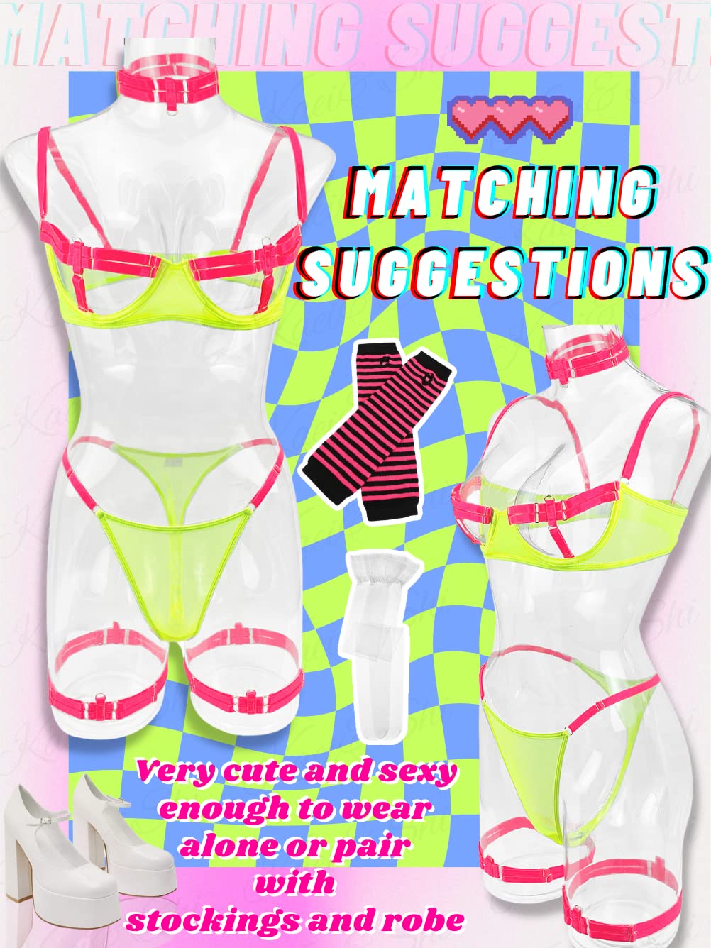 Kaei&Shi Glow Under Black Light, Party Boudoir Outfits, 4PC Peekaboo Lingerie: 0-2 Neon Green