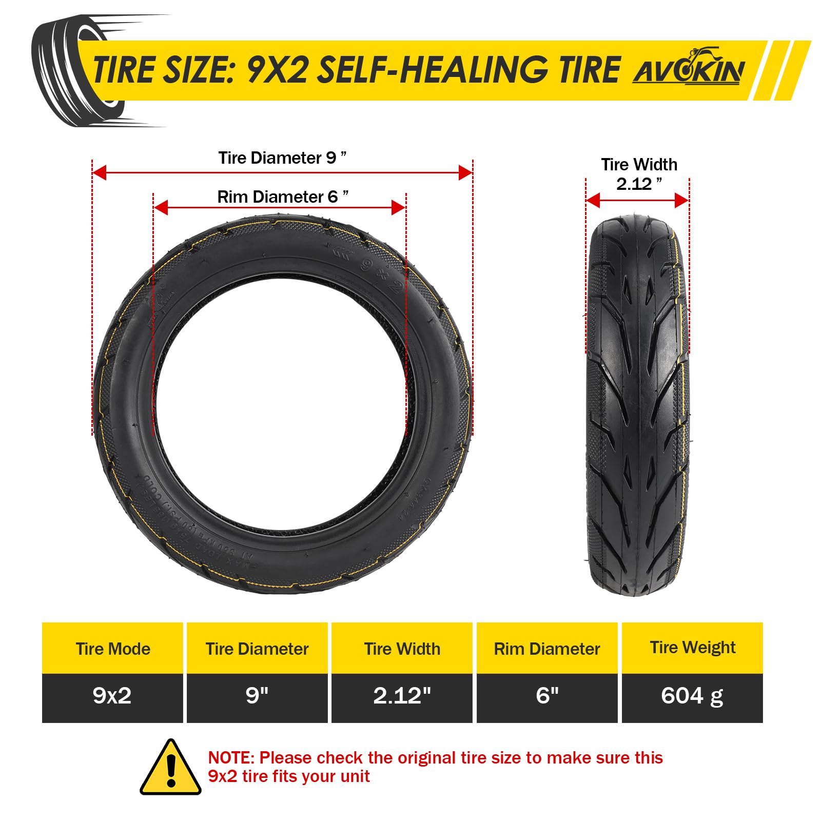 AVOKIN 9x2 Rubber Self-sealing Tubeless Tire, 9 Inch Electric Scooter Tires with Live Glue Repairable for Electric/Mobility/Kick Scooter