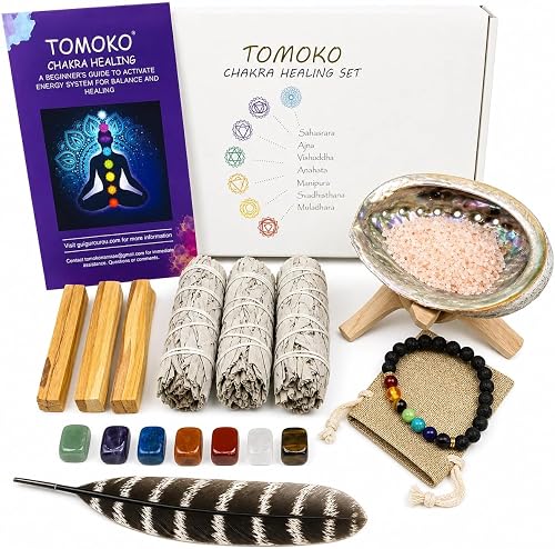 Tomoko White Sage Smudge Chakra Healing Kit - 3 White Sage, 3 Palo Santo, Chakra Stones, Chakra Bracelet, Abalone Shell, Wooden Tripod Stand, Feather, Himalayan Salt & Smudging Guide (Chakra Kit)