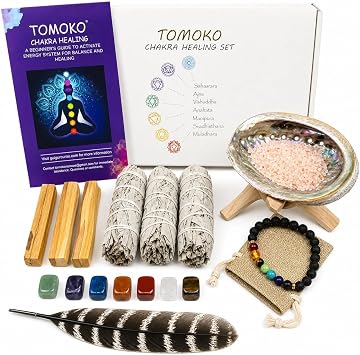 White Sage Smudge Chakra Healing Kit - 3 White Sage, 3 Palo Santo, Chakra Stones, Chakra Bracelet, Abalone Shell, Wooden Tripod Stand, Feather, Himalayan Salt & Smudging Guide Chakra Kit