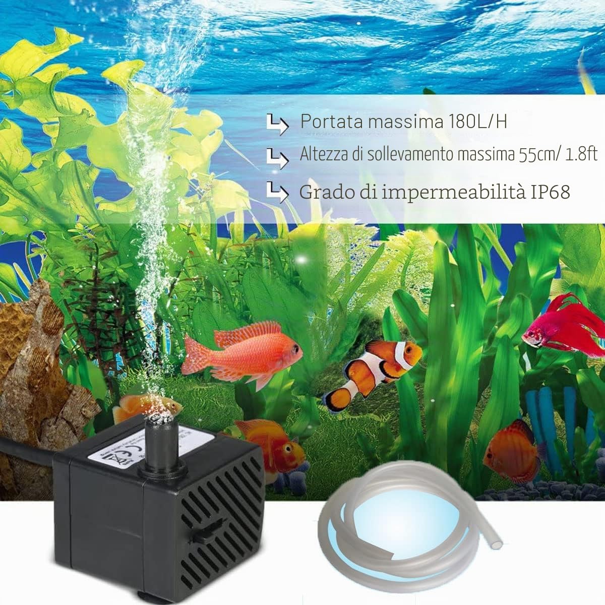Micro pompa ultra-silenziosa 48GPH [180L / H] piccolo acquario da 3 W, pesce stagno anfibio, tartaruga, animali acquatici, scultura, artigianato, giardino, fontana da tavolo, pompa da acquario