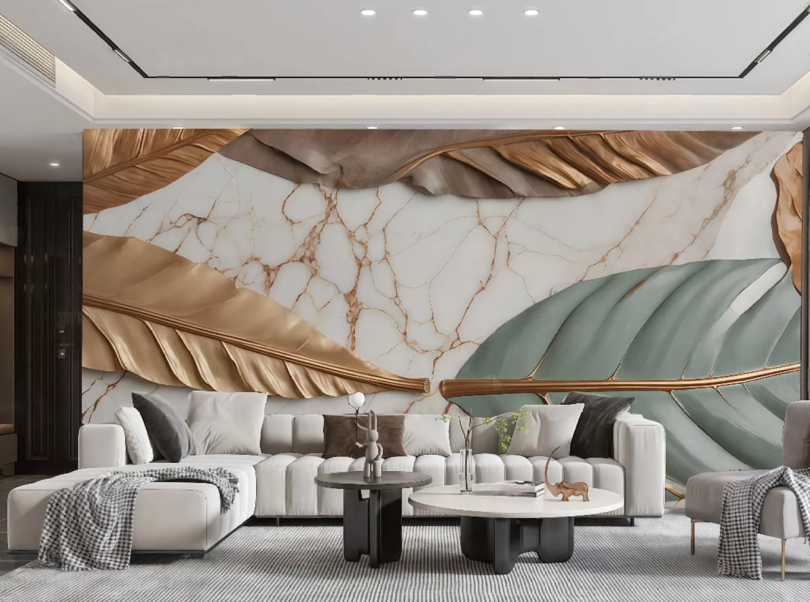 Tapeta nowoczesna trójwymiarowa kawa zielone liście łupek łączenie brązowy marmurowy wzór TV sofa tło ściana sypialnia salon gabinet mural, 3D, 150 x 105 cm