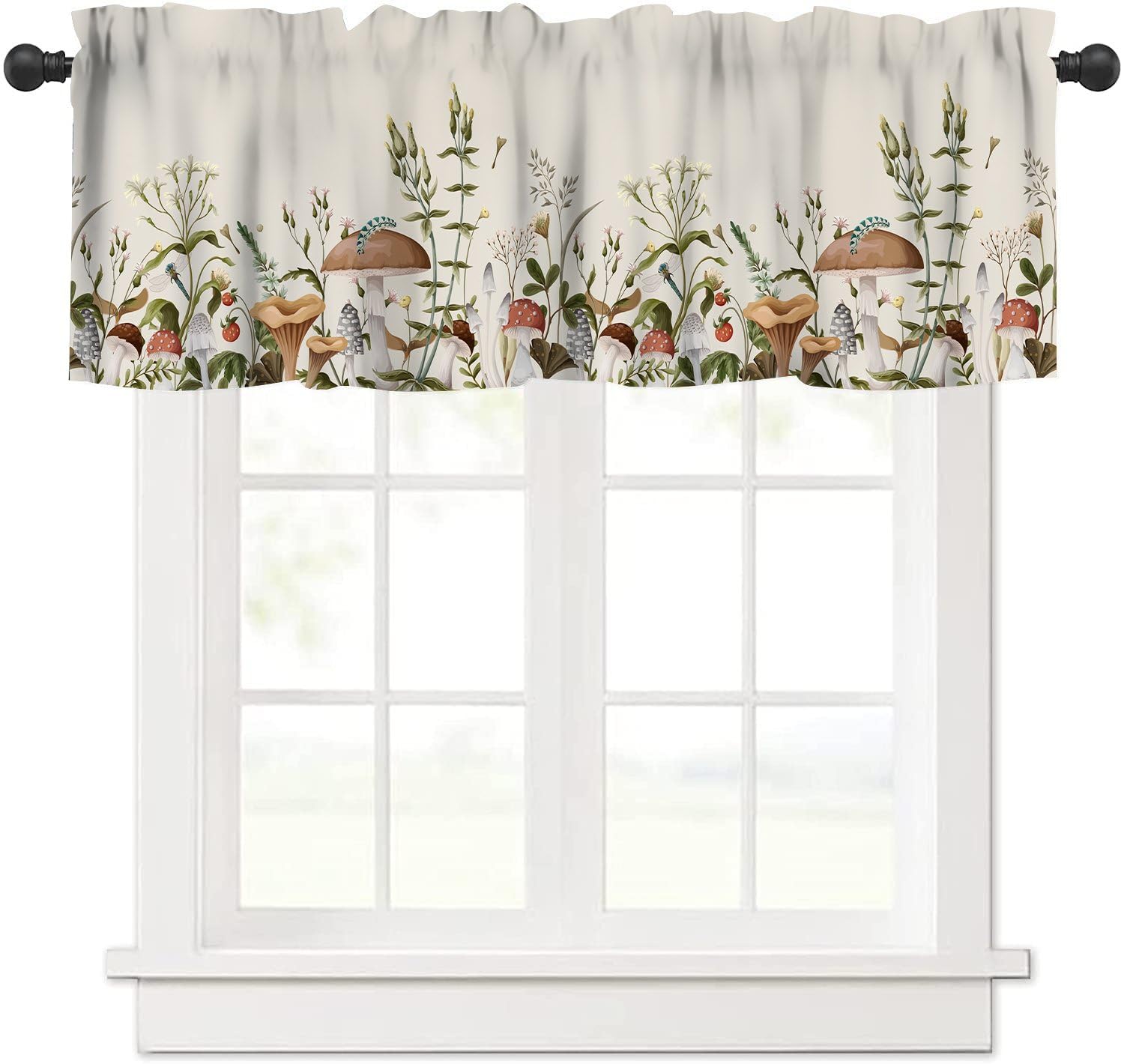 VUMIVI Vintage Mushroom Valance Curtains Forest Plants Red Berries Pink Flowers Green Leaves Dragonfly Home Decor Rod Pocket Window Treatments for