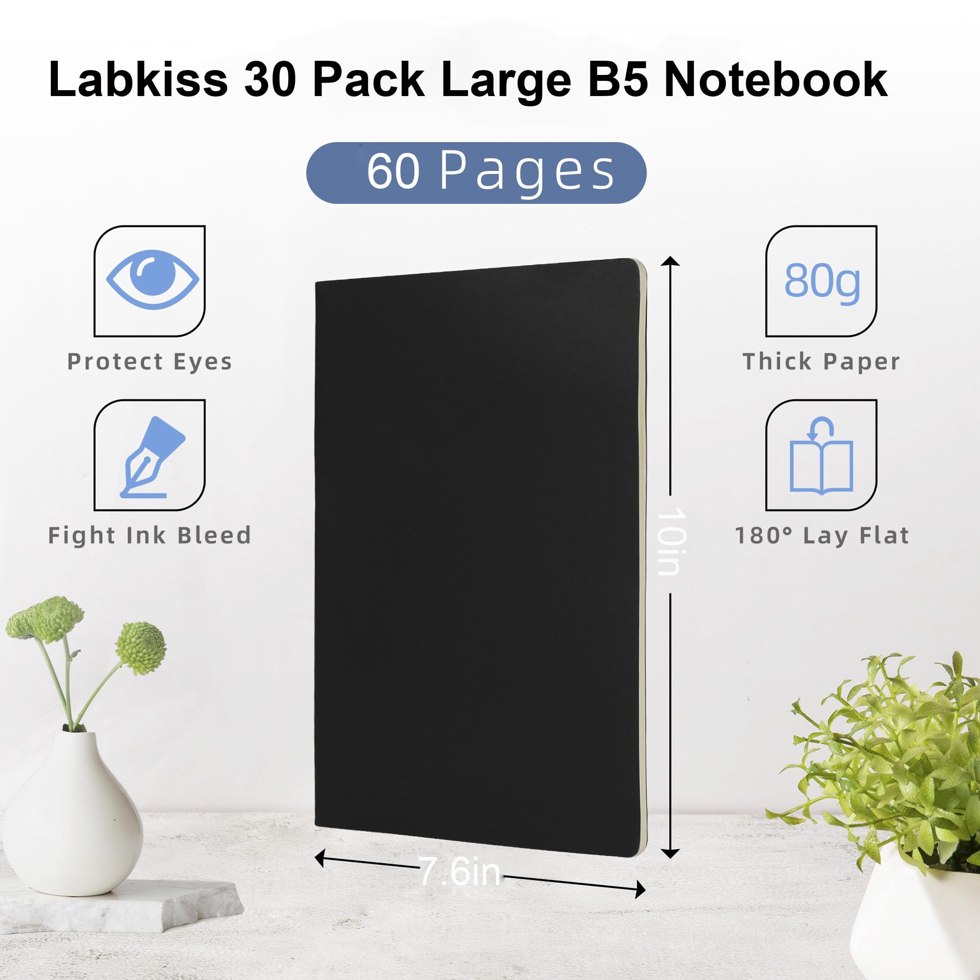 Labkiss 30er-Pack großes B5 leeres Journal-Notizbuch im Großpack, farbenfroher Einband, B5-Größe, 19,3x25,4 cm, 60 Seiten, ungelintetes dickes Papier, Notizblock-Set für Studenten, Reisende, Geschäft