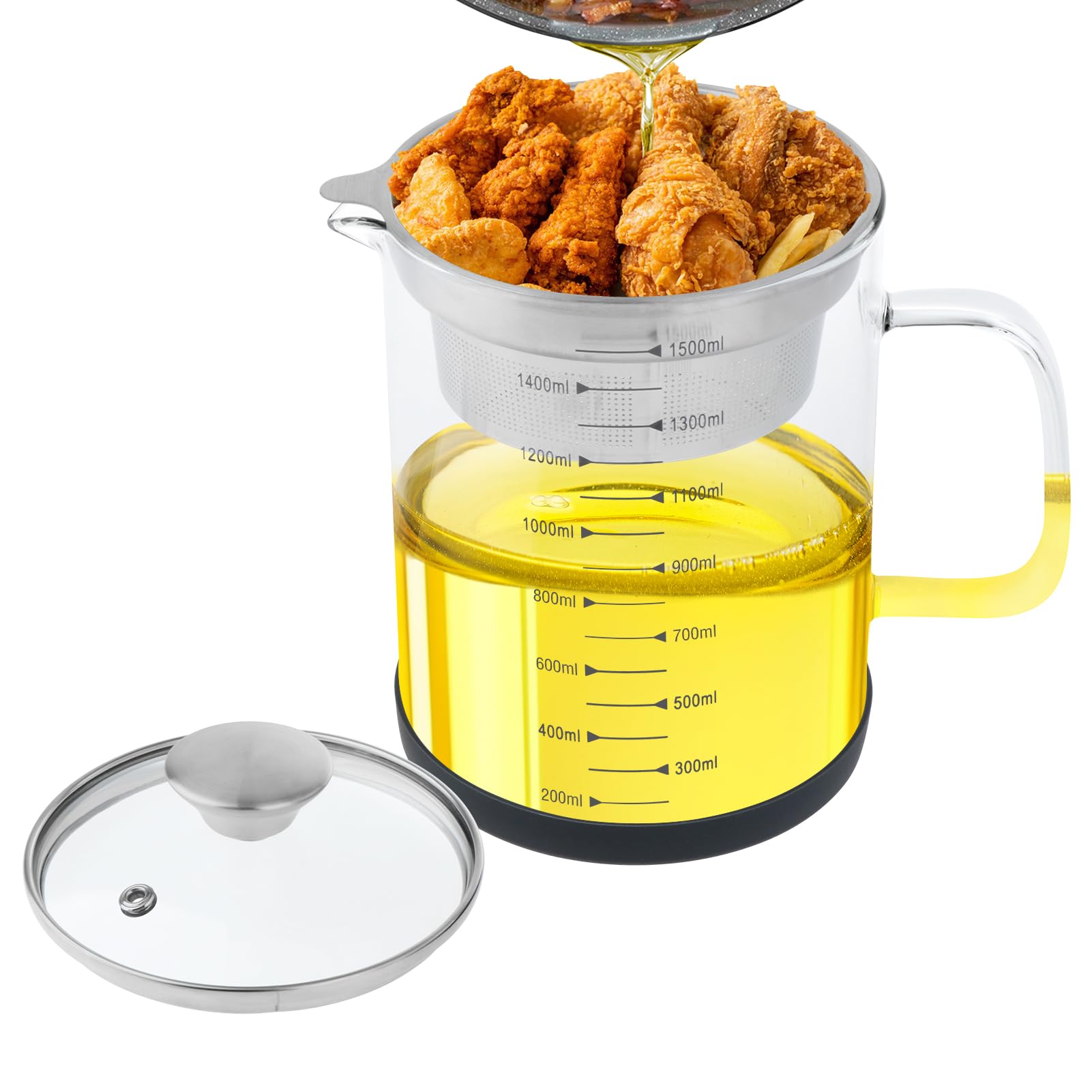QLoztyse Glass Bacon Grease Container with Strainer - Used Cooking Oil Saver Storage Can With Lid and Filter for Kitchen 1.5L/50 OZ Containers Storing Frying Grease