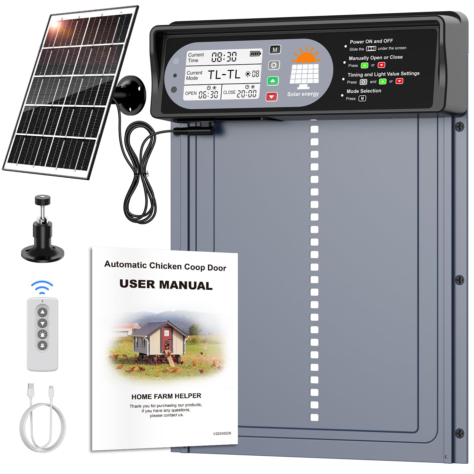 Chamuty, lembo automatico per polli a energia solare, in alluminio, automatico, con display LED, sensore di luce, timer, telecomando, porta pollaio, grigio