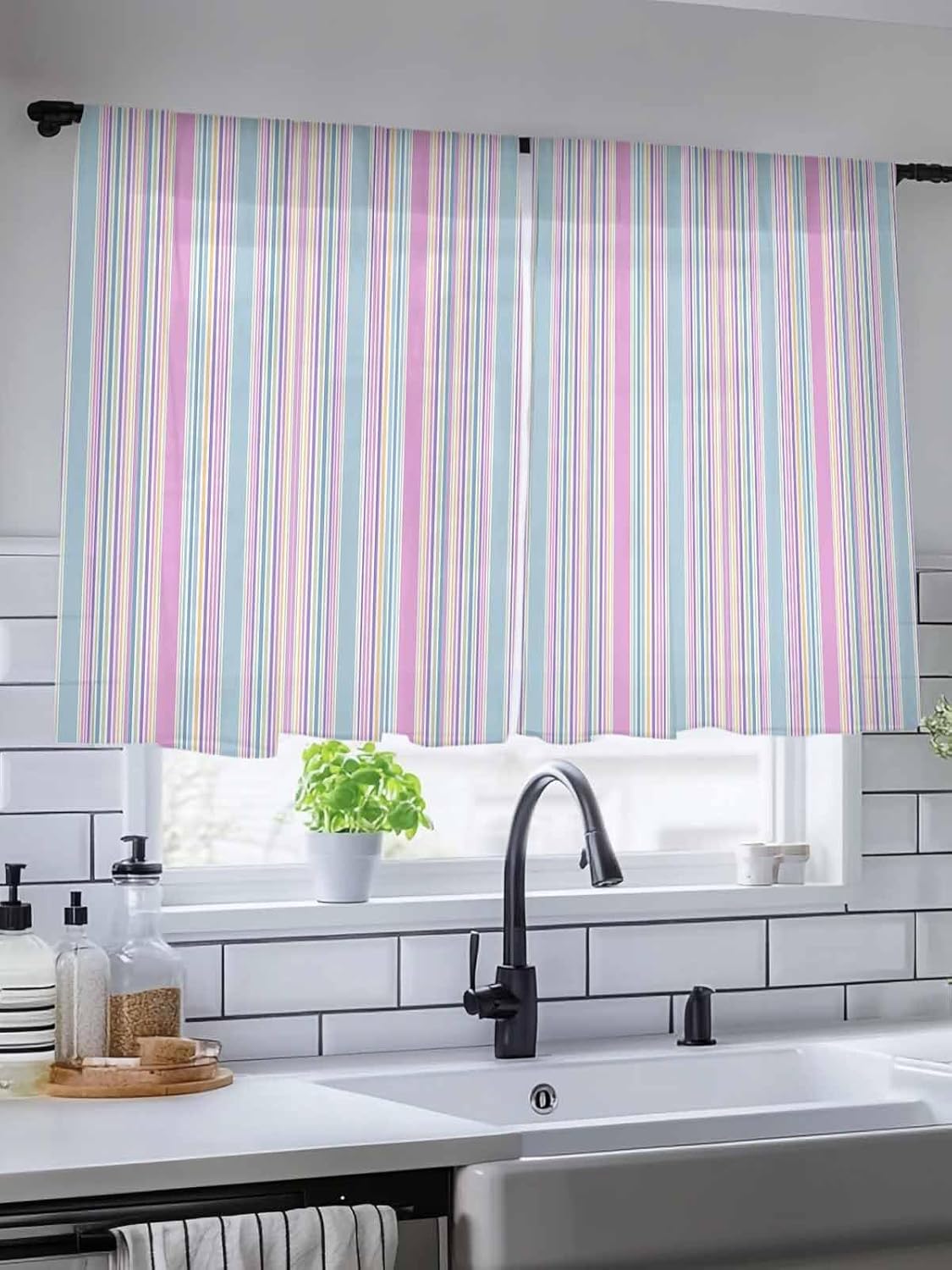 Colorful Striped Curtains 54 Inches Long, Kitchen Window Curtains Over Sink, Pink Blue Yellow Abstract Vertical Lines Light Filtering Window Treatment Voile Semi Sheers Curtain Drapes 52"x54"