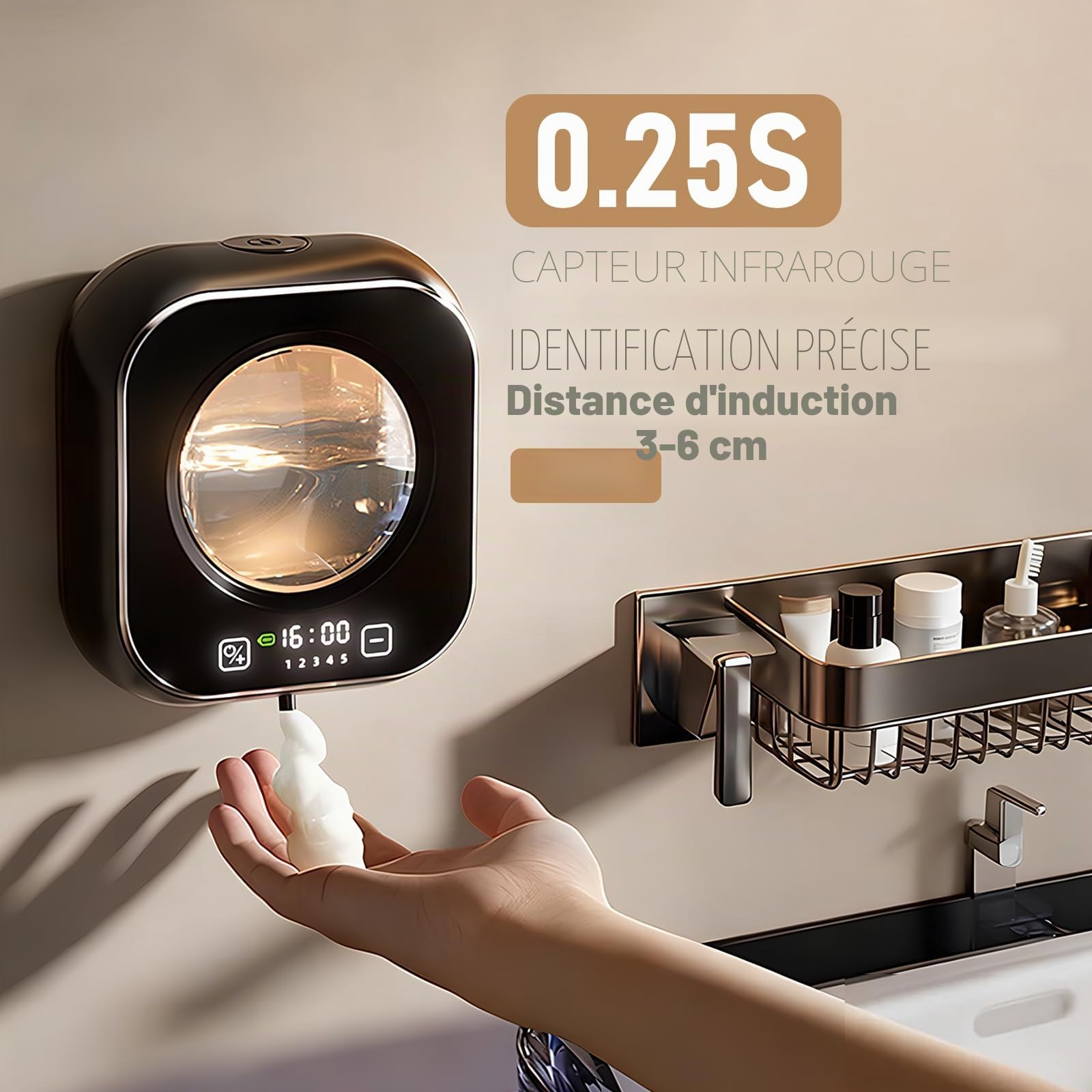 Distributeur de Savon Automatique Mural, 320ml Distributeur Savon Mousse Distributeur de Savon électrique avec Fenêtre Visuelle 5 Vitesses Réglables 1500mAh Rechargeable USB pour Salle de Bain