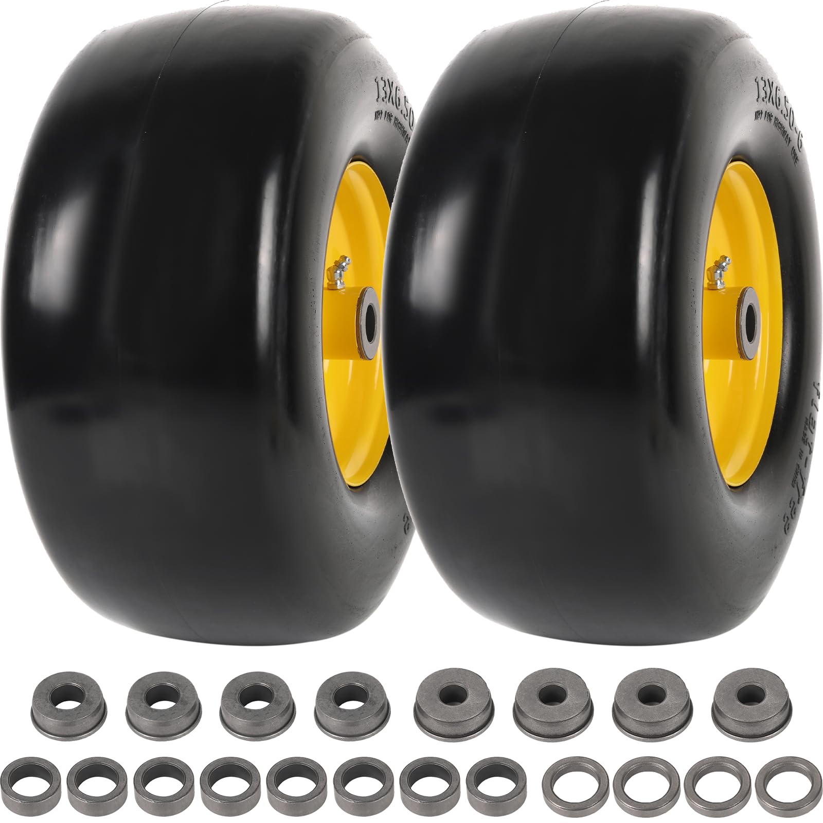 AR-PRO (2-Pack) 13x6.50-6 Flat Free Tire and Wheel - Universal 13x6.5-6 Solid Rubbe Riding Lawn Mower Tire with Rim - With 5.5"-7.8” Centered Hub and 3/4" extra 5/8" 1/2” Bushings (Yellow Rims)
