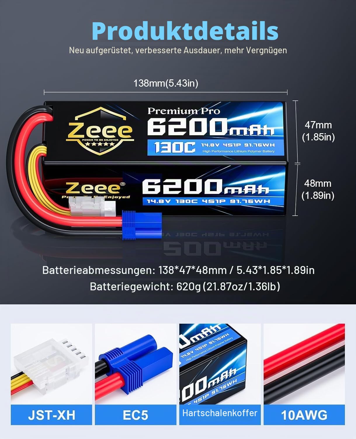 Zeee 4S Lipo 6200mAh 14,8V 130C Premium Pro RC-Akku mit EC5 Stecker(2 STK)
