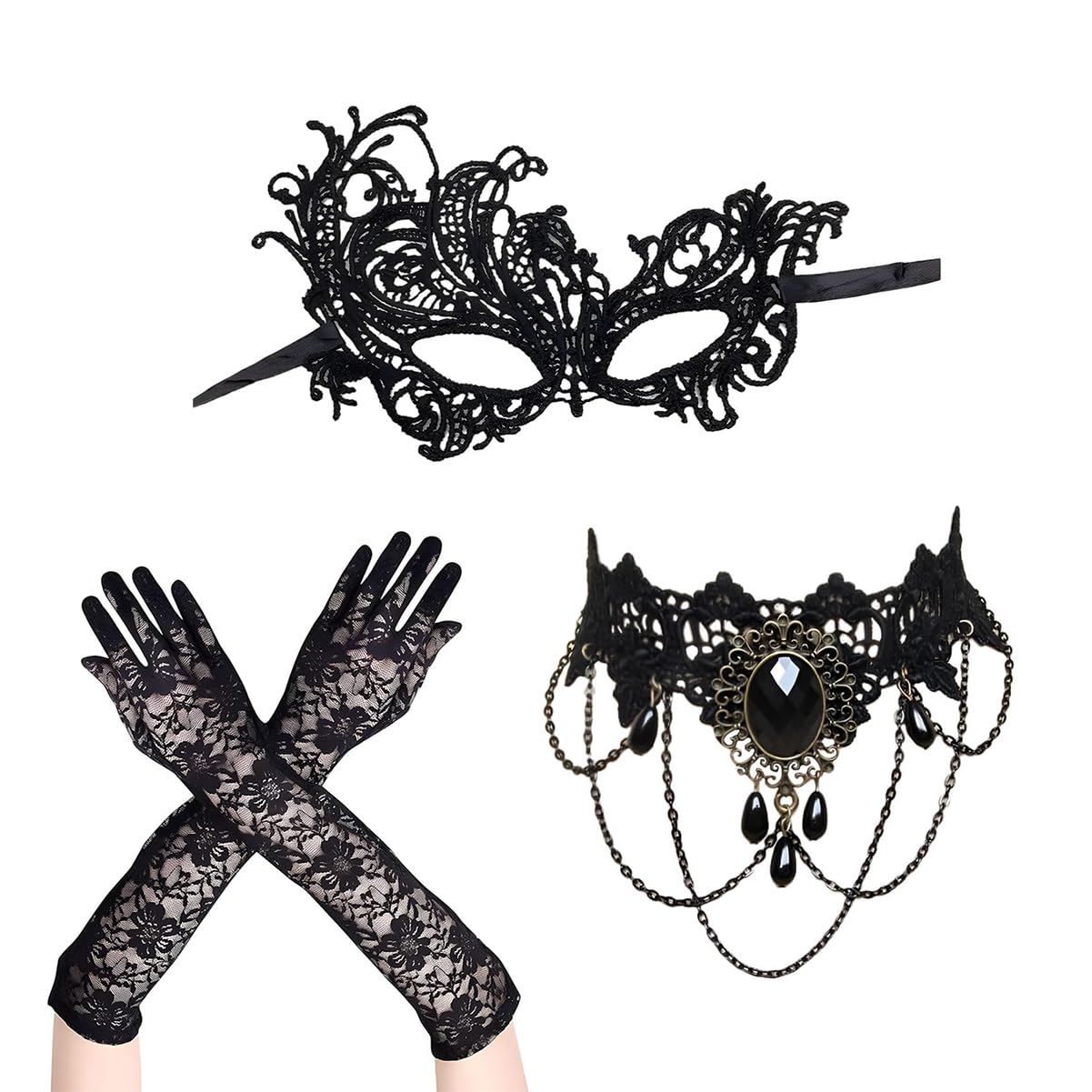 MOSNOW 1920s Masquerade Mask Set with Phoenix Mask, Black Gloves & Necklace for Women - Classic Gothic Victorian Style Choker, Costume Party Masks for Cosplay, Theater Events