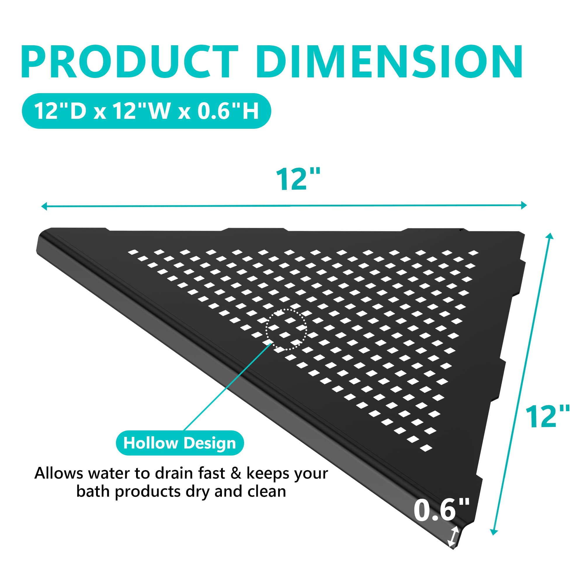 Qeke 2 unidades de estantería esquinera para baño, 30,5 cm, estantería de ducha Caddy SUS304 de acero inoxidable, soporte de pared, triangular, sin agujeros, color negro mate