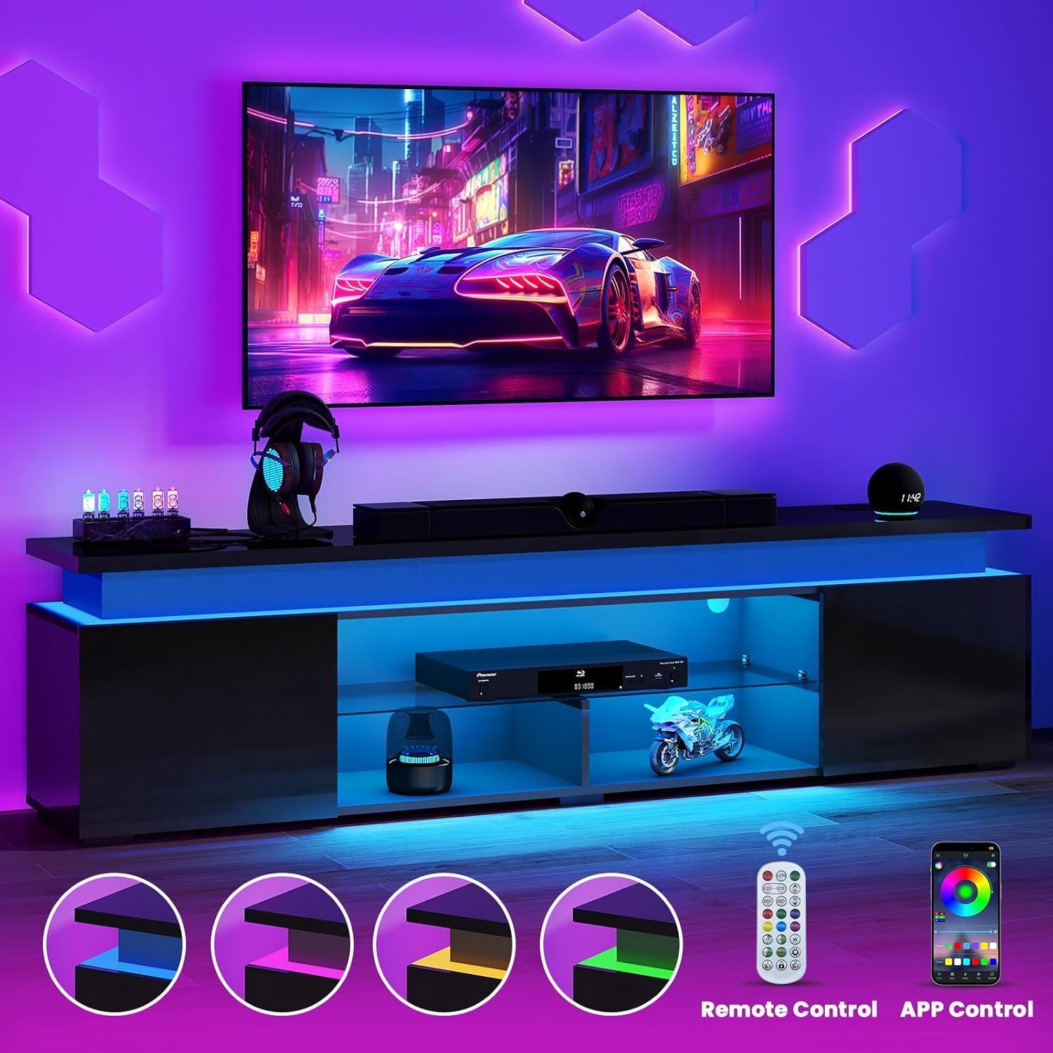 TV-Stand for 85 Inch TV - Led TV Stand with Power Outlet, Modern Entertainment Center with Glass Shelf, High Glossy Gaming TV Media Console for Living Room, Black - Image 4