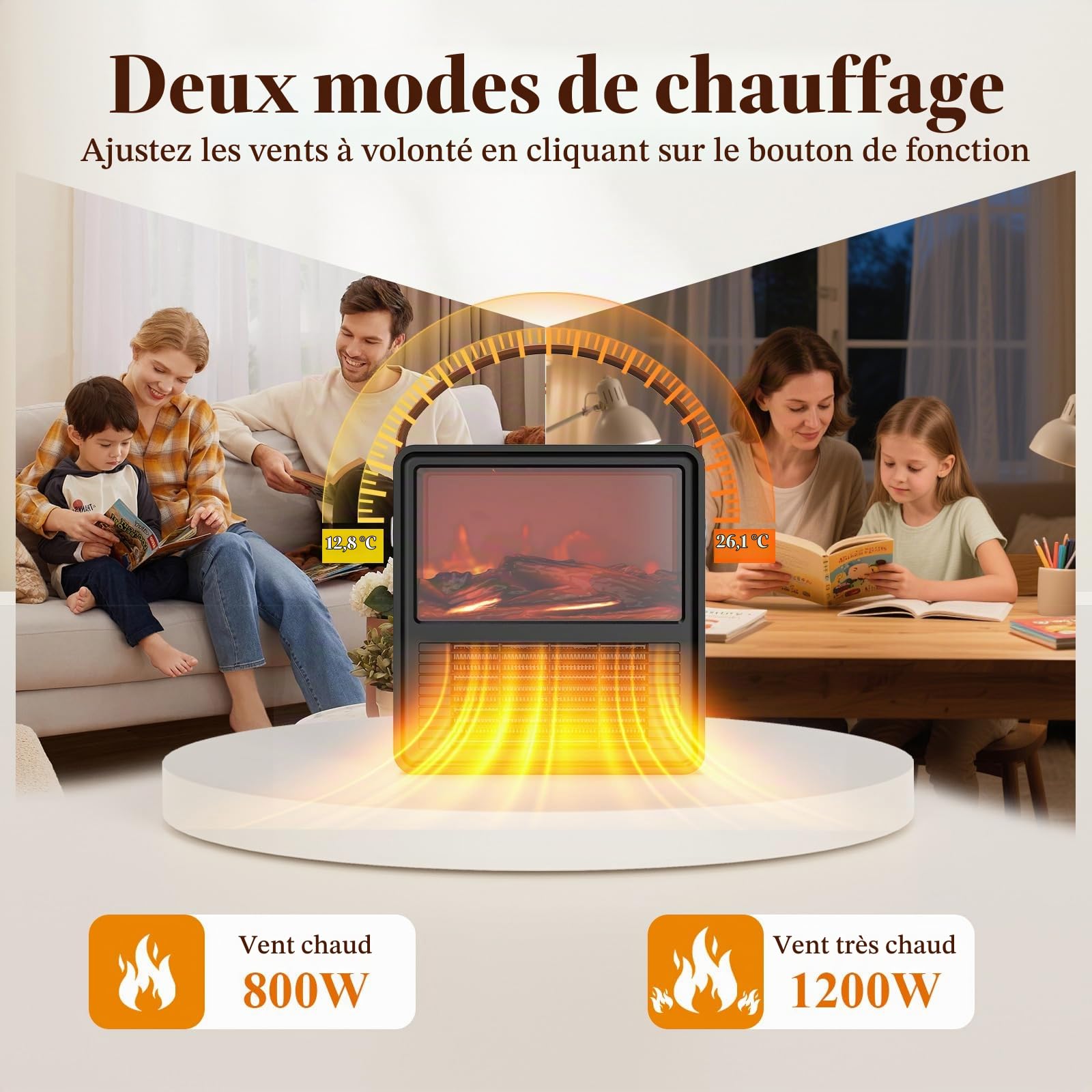 Minthouz Chauffage Électrique 1200W/800W avec Effet Flamme 3D, Thermostat Réglable, Silencieux, Économe en Énergie, Protection Contre la Surchauffe et le Renversement – Idéal pour Chambre & Bureau