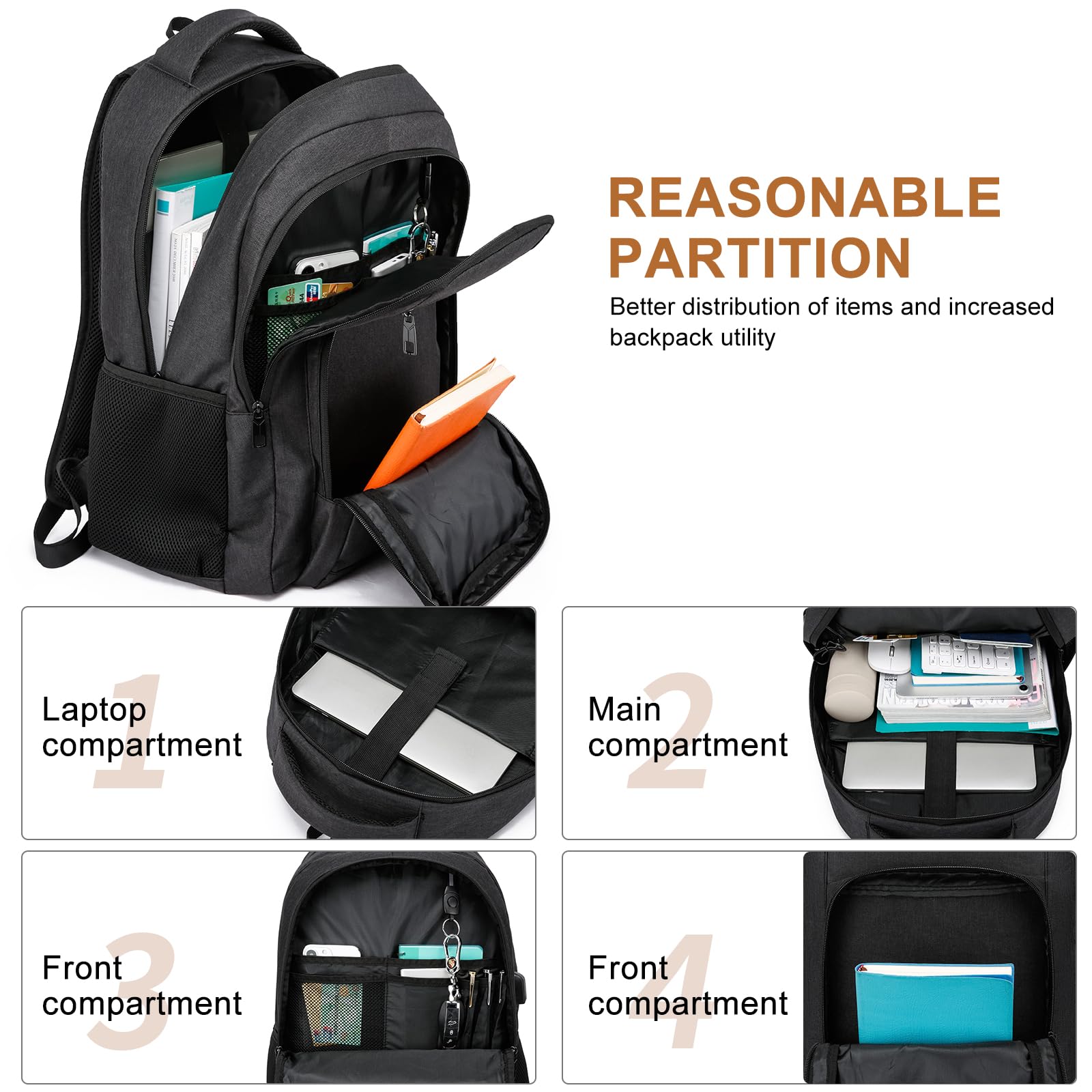 Kuosdaz Laptop Backpack for Men and Women, School Backpacks for Teens Boys Girls, Large Bookbag with USB Charger Port, Water Resistant College Backpack Fit 15.6 Inch Laptop, Black