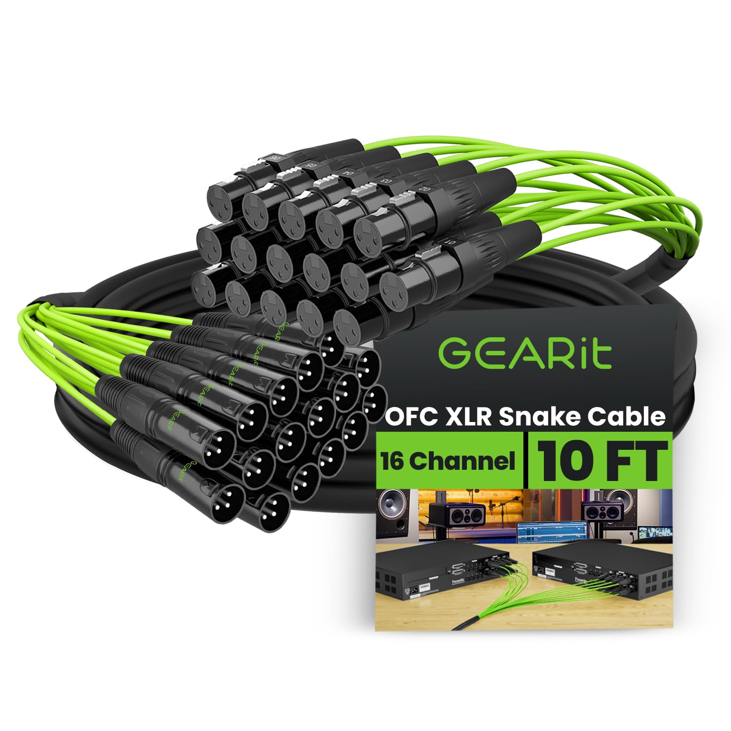 GearIT 16-Channel XLR Snake Cable (10 ft) - 100% Oxygen-Free Copper Snake Wire, Channel Labels, Metal XLR Connectors for Pro Audio - 10 Feet