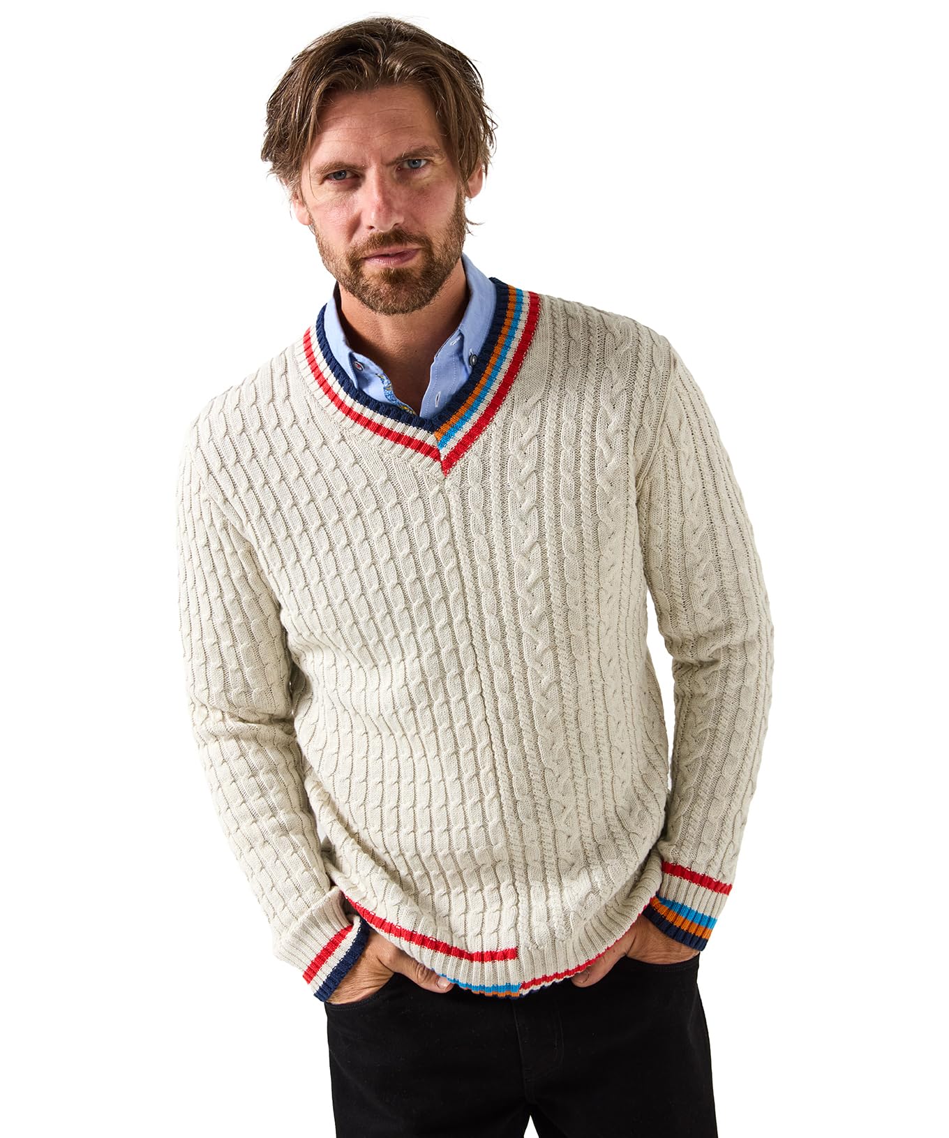 Joe Browns Men's Classic Preppy V-Neck Cable Knit Jumper Sweater, Cream, XXL