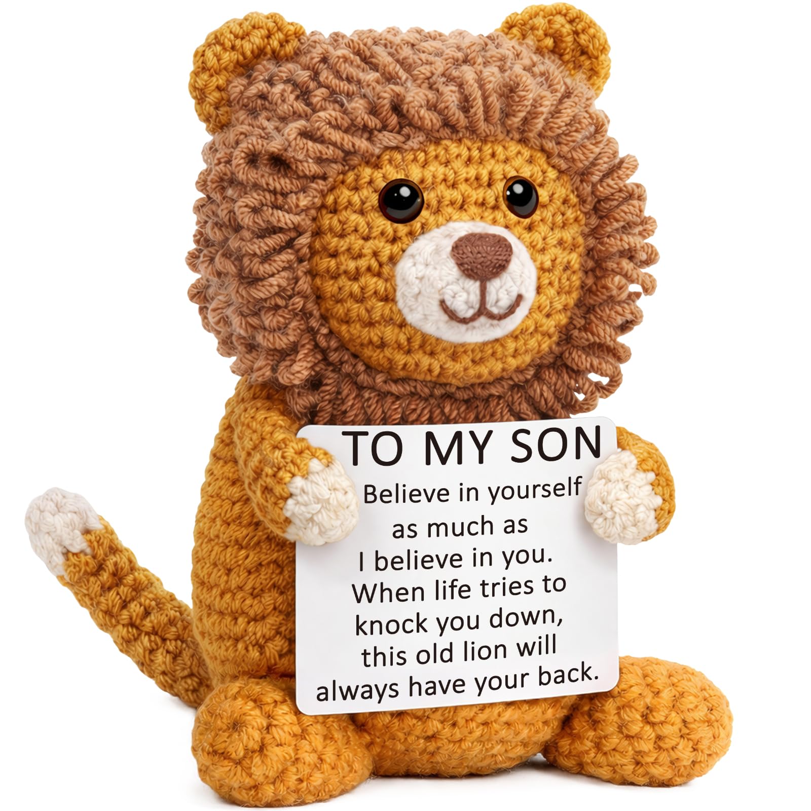 Son Gifts from Mom, Graduation Birthday Crochet for Teen Boy College Military Adult, Lion Encouragement Present to My Son from Mother Dad Father, Inspirational Keepsake Gift Desk Decorations
