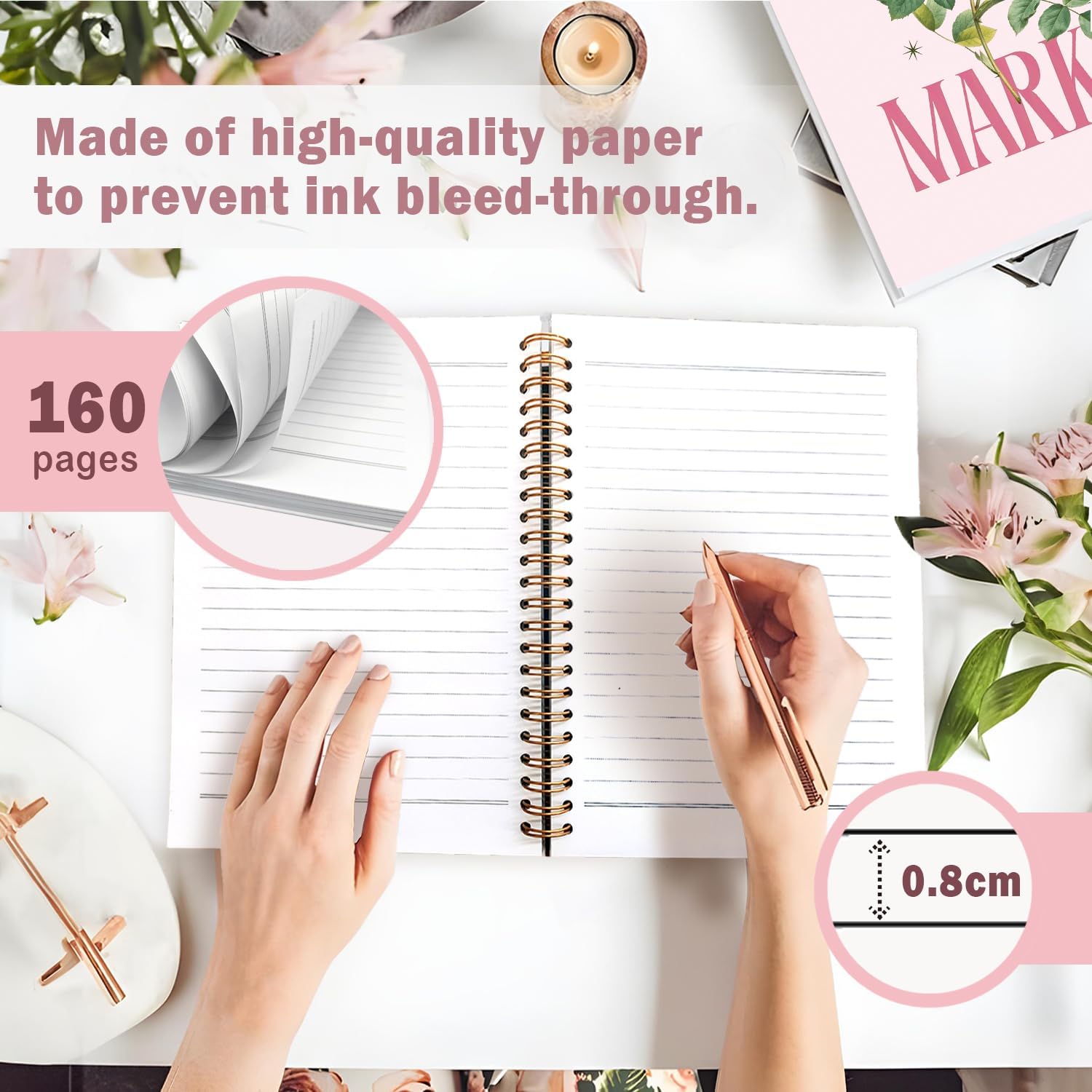 Lacama Cute Notebook Journal for Women, Pink Pretty Notebooks Gifts for Women, School Office Supplies, Flower Market Hardcover Spiral Notebook for School 5.5x8.3 Inch - Image 7