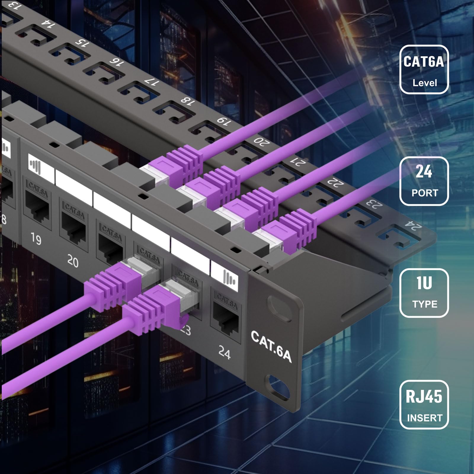 FGB Patch Panel da 10 Gbps a 24 porte, Patch Panel Cat6A 1U, montaggio a rack da 19 pollici o pannello patch Keystone per montaggio a parete con barra posteriore, pannello patch di rete per cablaggio