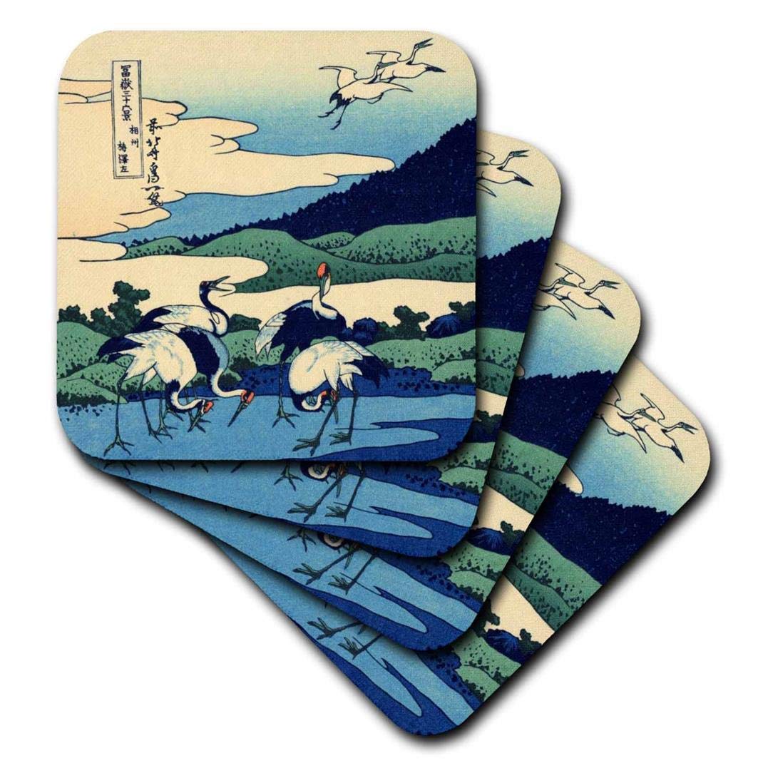3dRoseUmegawa in Sagami Province by Hokusai - Japanese fine art - blue classic Japan ukiyoe birds cranes - Soft Coasters, set of 4