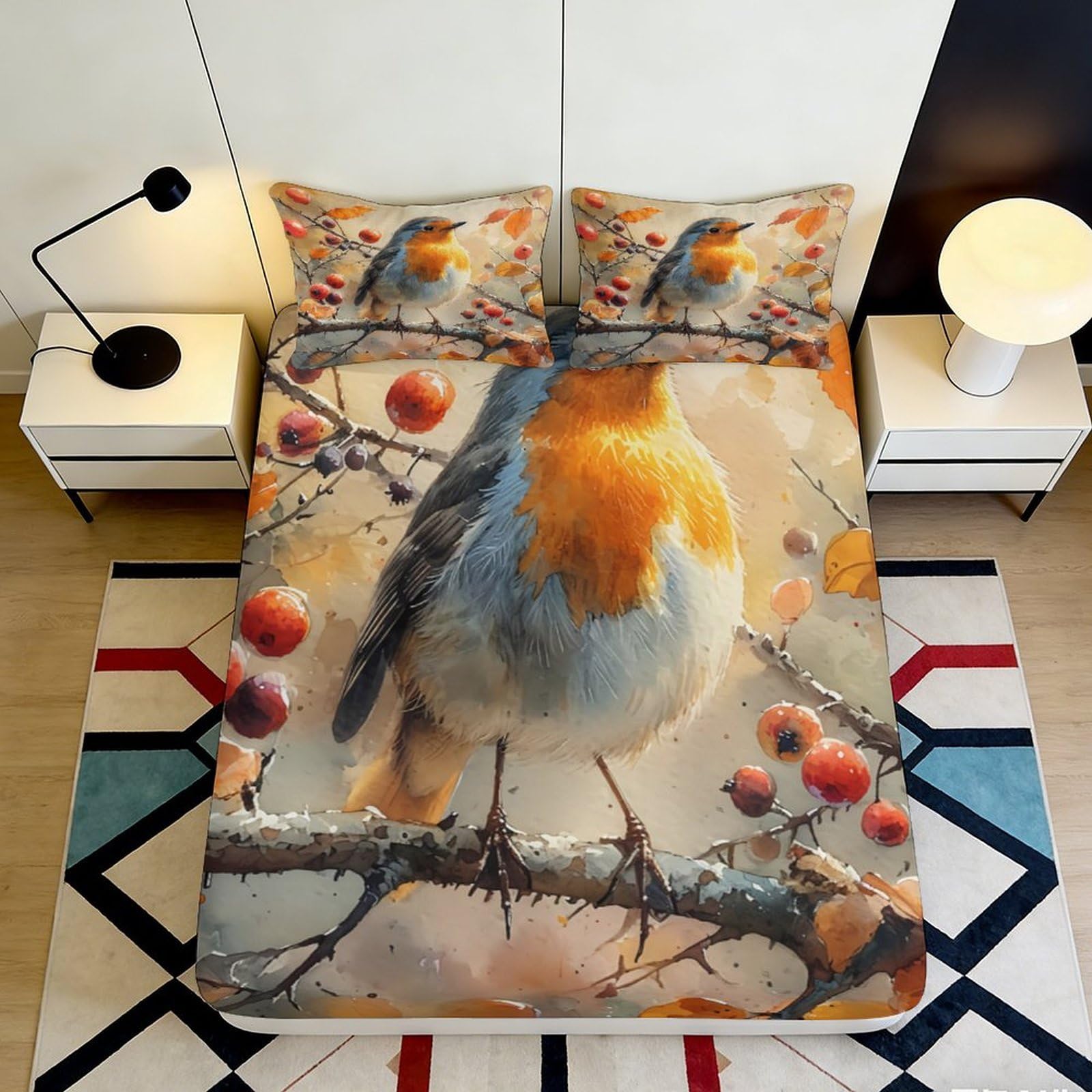 3D Printed Autumn Robin Fitted Sheet Microfiber Soft Breathable Bird Branch Mattress Cover for Bedroom Dormitory Guest Room Protection Decor 120x200x25cm