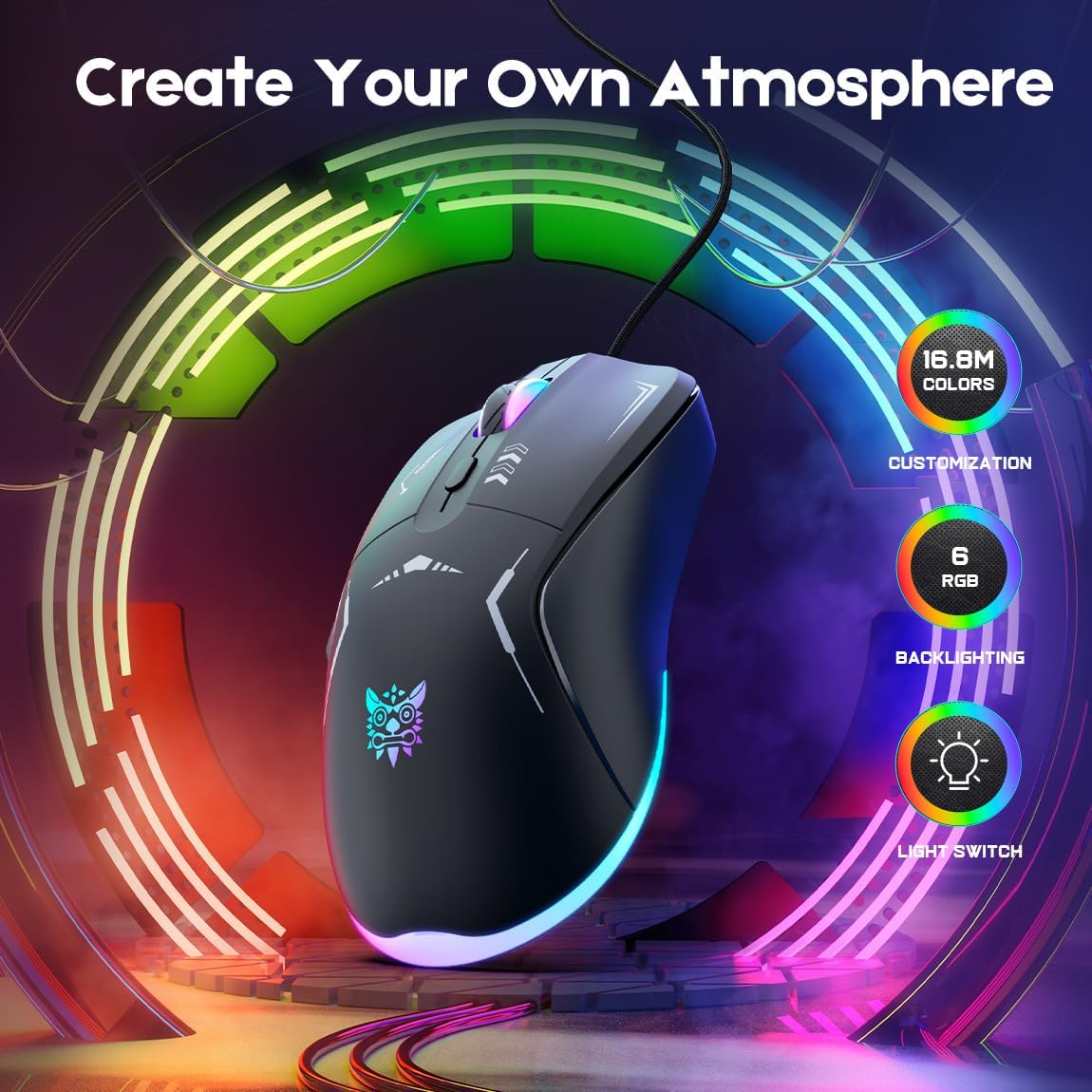Wired Gaming Mouse, PC Computer Mice USB Mouse with RGB Modes, 4 Adjustable DPI Up to 3600, 6 Buttons Ergonomic Optical Mouse for Windows PC Mac Laptop Gamer