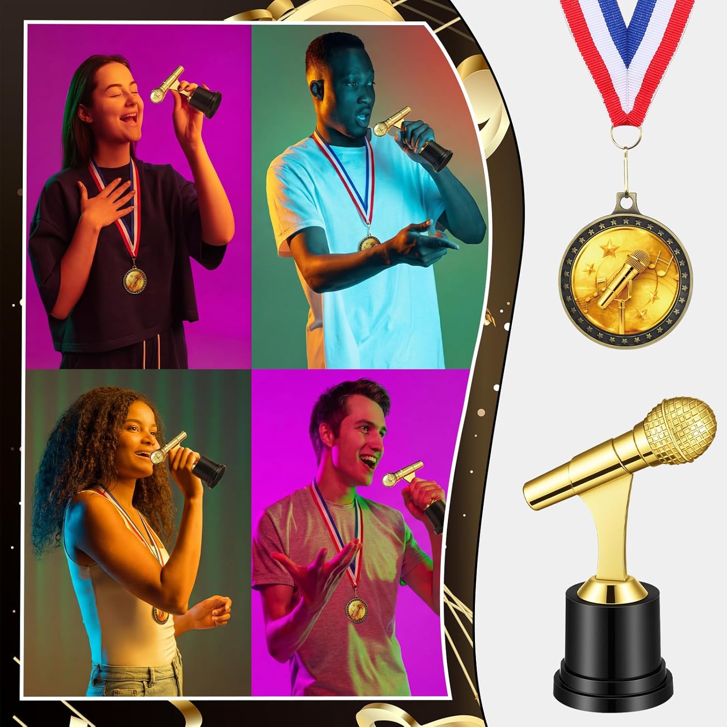 Ceenna 24 Pcs 5" Microphone Music Trophies and 1.97" Music Medals with Neck Ribbons Personalized Gold Microphone Award Trophy with Custom Engraving Prize for Singing Competitions Karaoke Talent Show