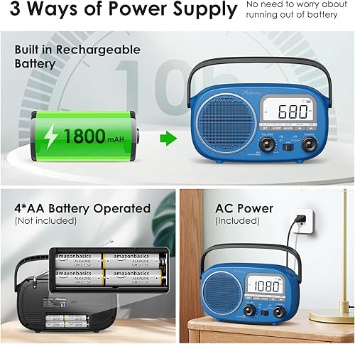 Miniatura 3 de Radio portátil AM FM recargable con la mejor recepción, pantalla digital de horaestación, alimentación de CA o radio de alimentación por batería con