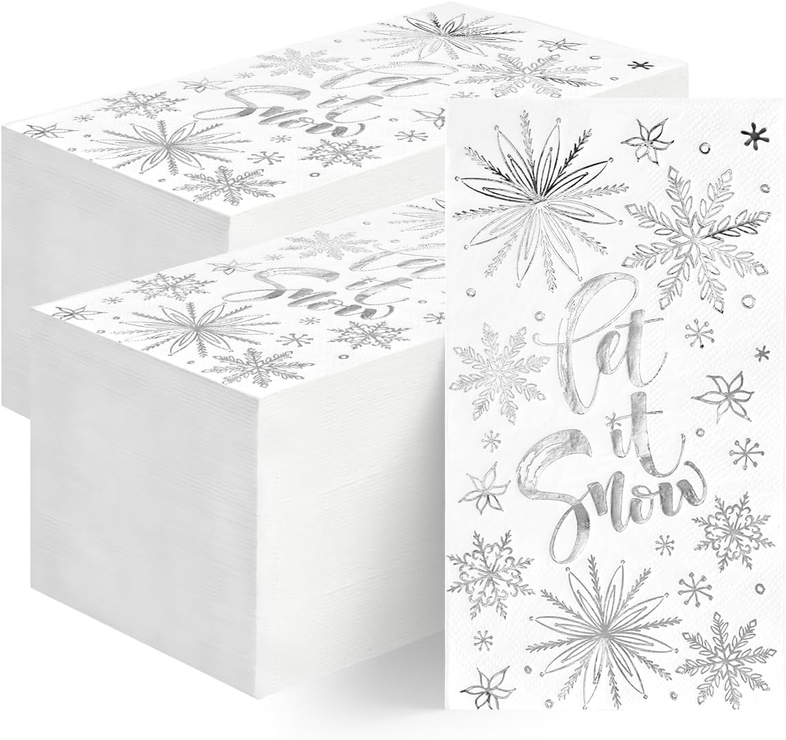 Horaldaily 200 Christmas Disposable Paper Decorative Guest Napkins, Let It Snow White Paper Silver Foil Hand Towel for Party Lunch Dinner Kitchen Bathroom