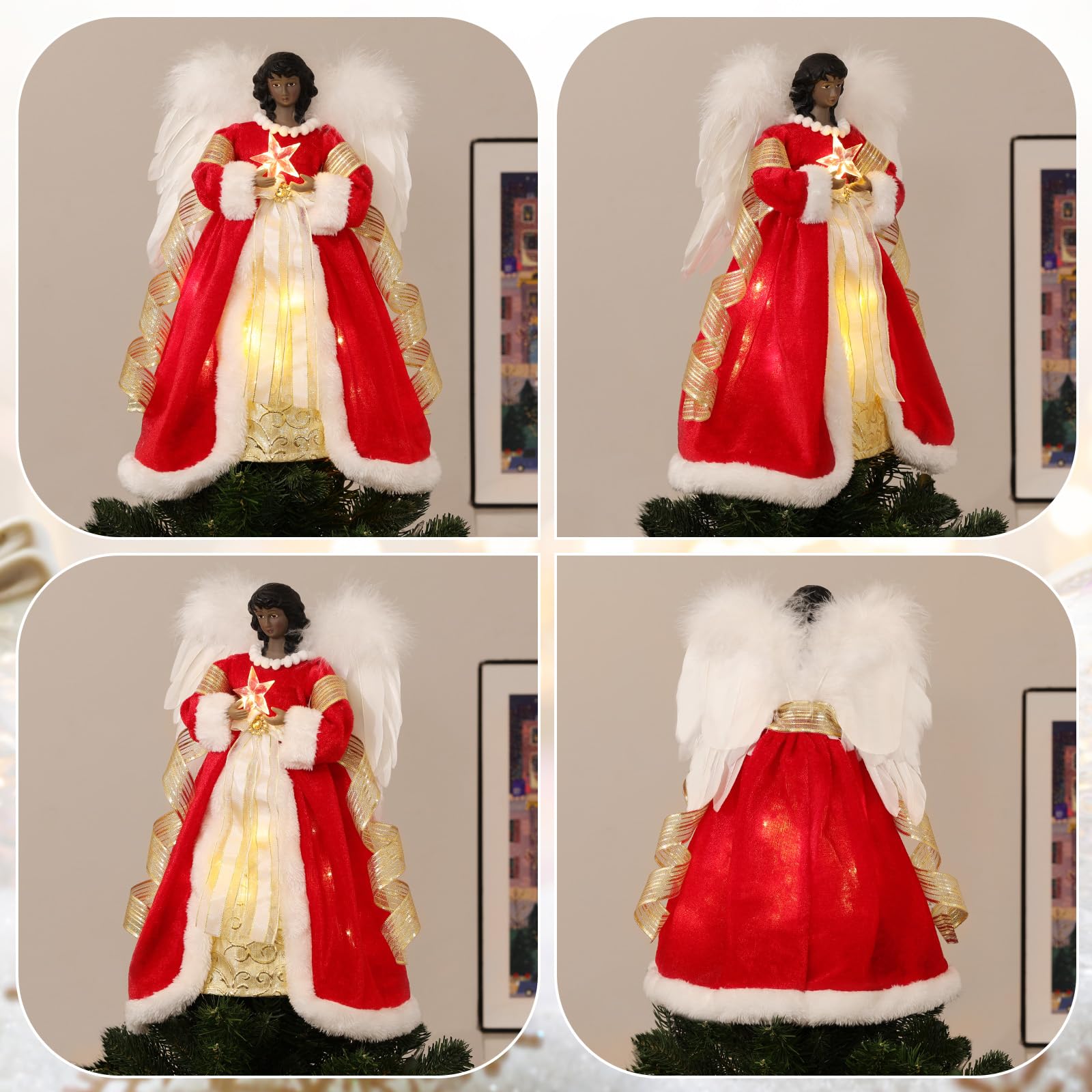 Lewondr Ange Noir de la Cime du Sapin de Noël, 12" Cimier d'Arbre de Noël Ange avec 8 Modes de Lumière, Figurine d'Ange avec Aile, Décoration de l'Arbre de Noël avec Minuterie 6H pour la Maison, Rouge