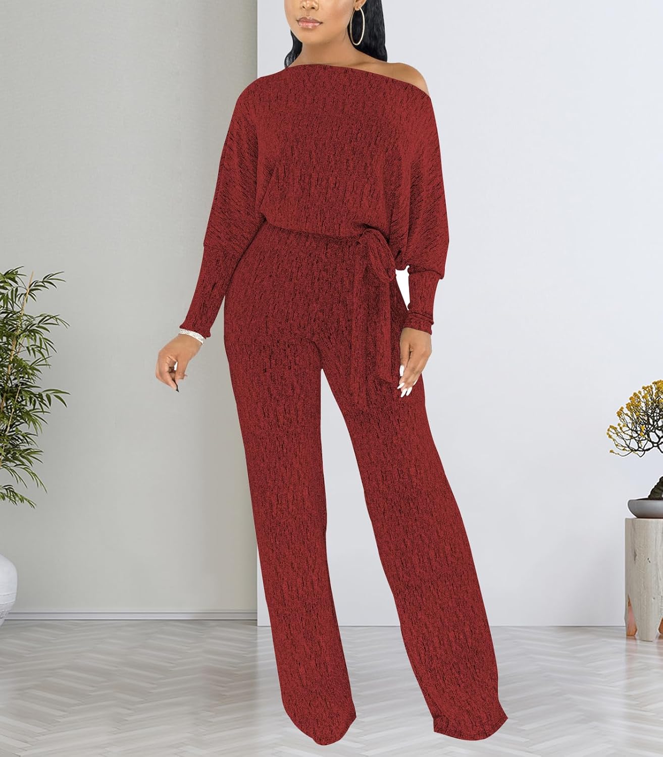 DinyIn Burgundy Sparkly Jumpsuits for Women Elegant Sequin Long Sleeve Pants Elegant Off Shoulder Party Romper with Belt - Image 5
