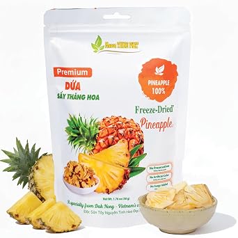 MACCA THINH PHAT Freeze-Dried Pineapple 1.76 Oz, Healthy Fruit Snack, All Natural, No Sugar Added, No Preservatives, Crispy Crunchy Snacks, Tea Smoothie Yogurt Baking