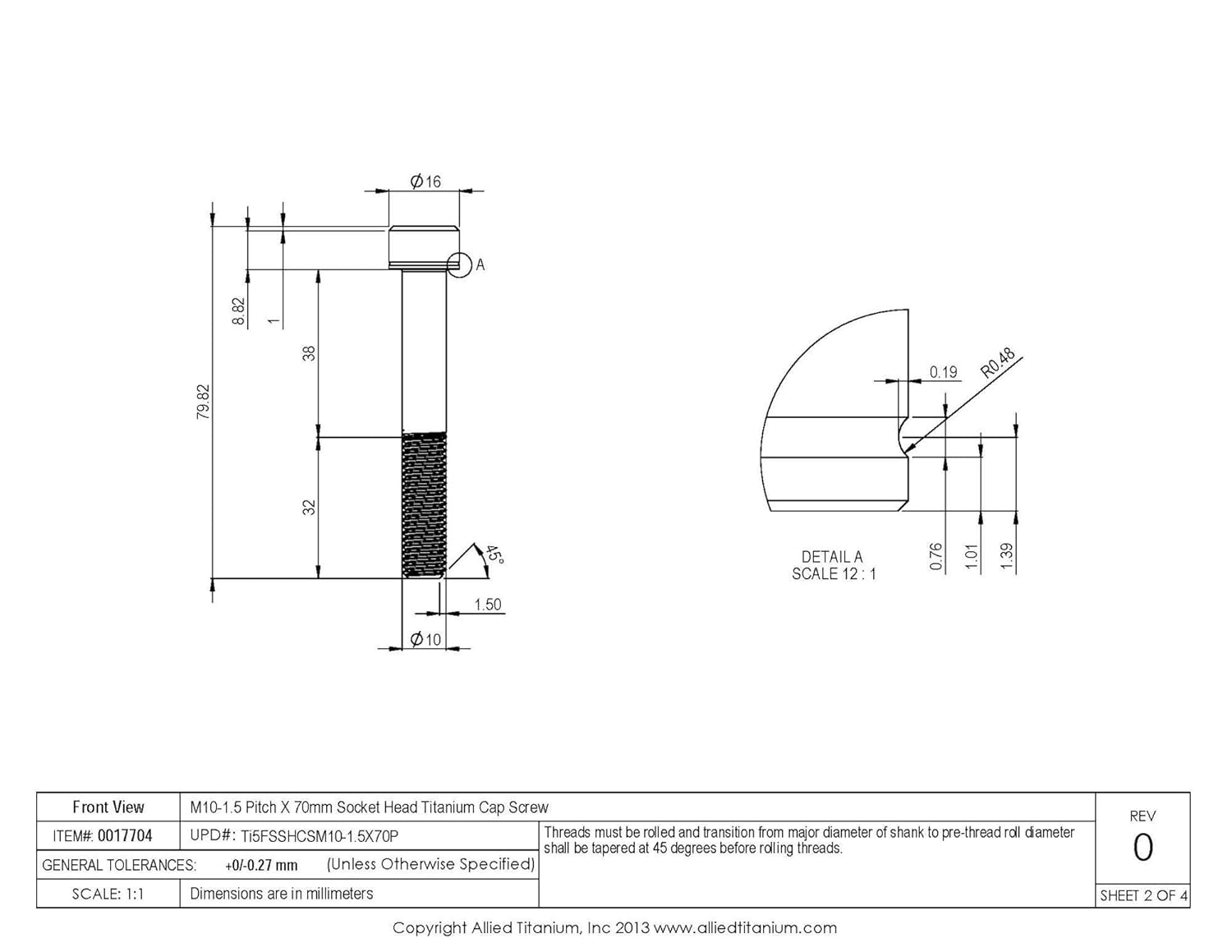 0017704, (Pack of 2) M10-1.5 Pitch X 70mm Socket Head Cap Screw, Grade 5 (Ti-6Al-4V)