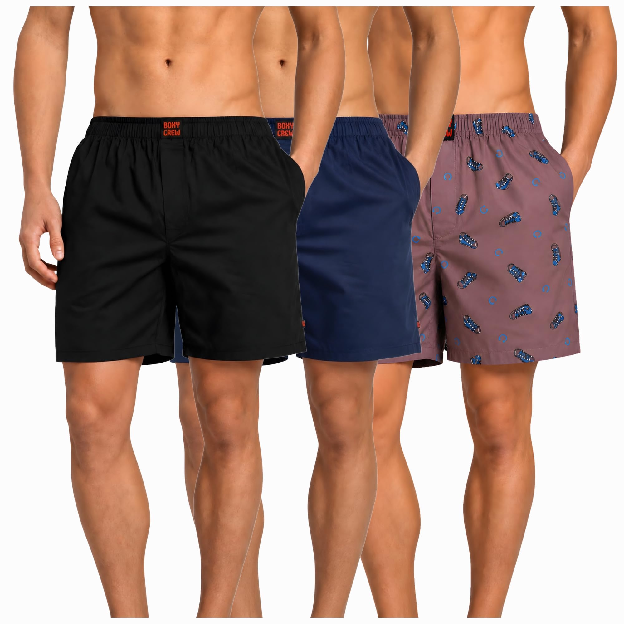 Men's 100% Cotton Boxer Shorts Pack of 3, Black, Navy Blue & Mauve | Woven Boxers with Side Pockets, No-Marks Elastic Waistband, Breathable Relaxed Fit | Style 001-002-015-image-44