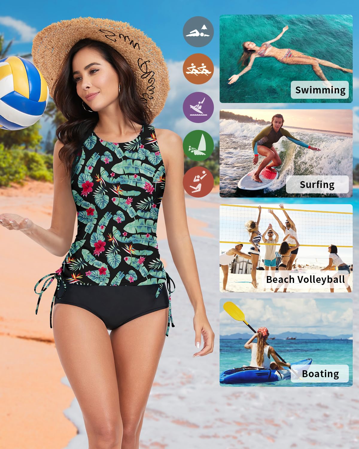 WOWENY Tankini para Mujer, Parte Superior de Bikini, Camiseta de Tirantes Cruzada con Tirantes, Parte Superior de Secado rápido, para Verano, Acolchada