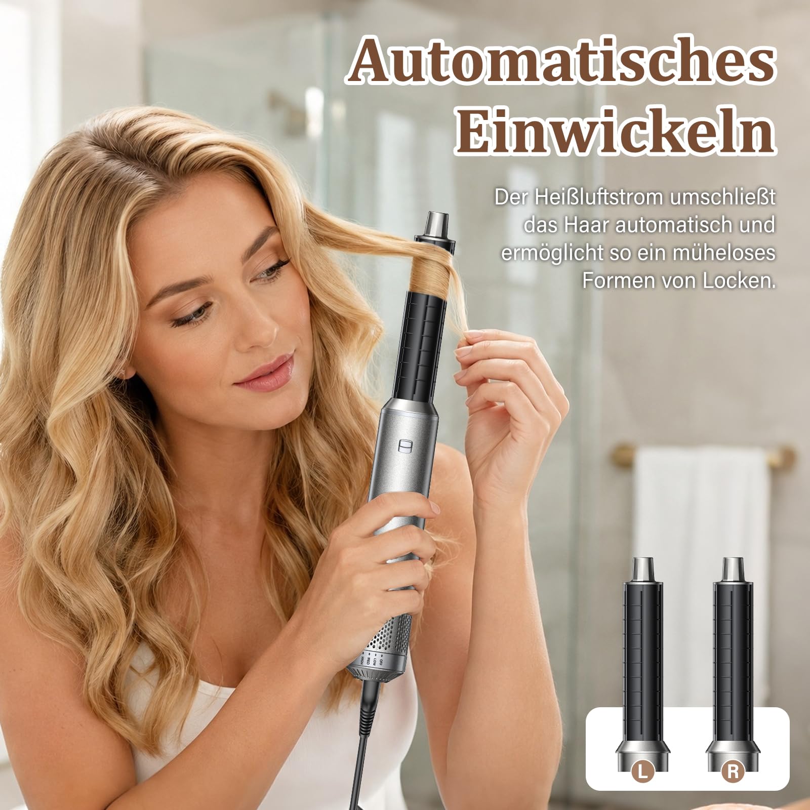 5 in 1 Hairstyler - Professionelle Airstyler mit Ionen Föhn, Lockenstab Automatisch, Warmluftbürste, Glättbürste und Volumen Styling für schnelle Frisuren zu Hause, Büro und Reisen Silber