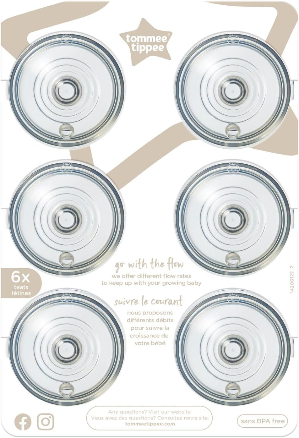 Tommee Tippee Closer to Nature Baby Bottle Teats, Breast-Like, Anti-Colic Valve, Soft Silicone, Fast Flow, 6m+, Pack of 6,Clear