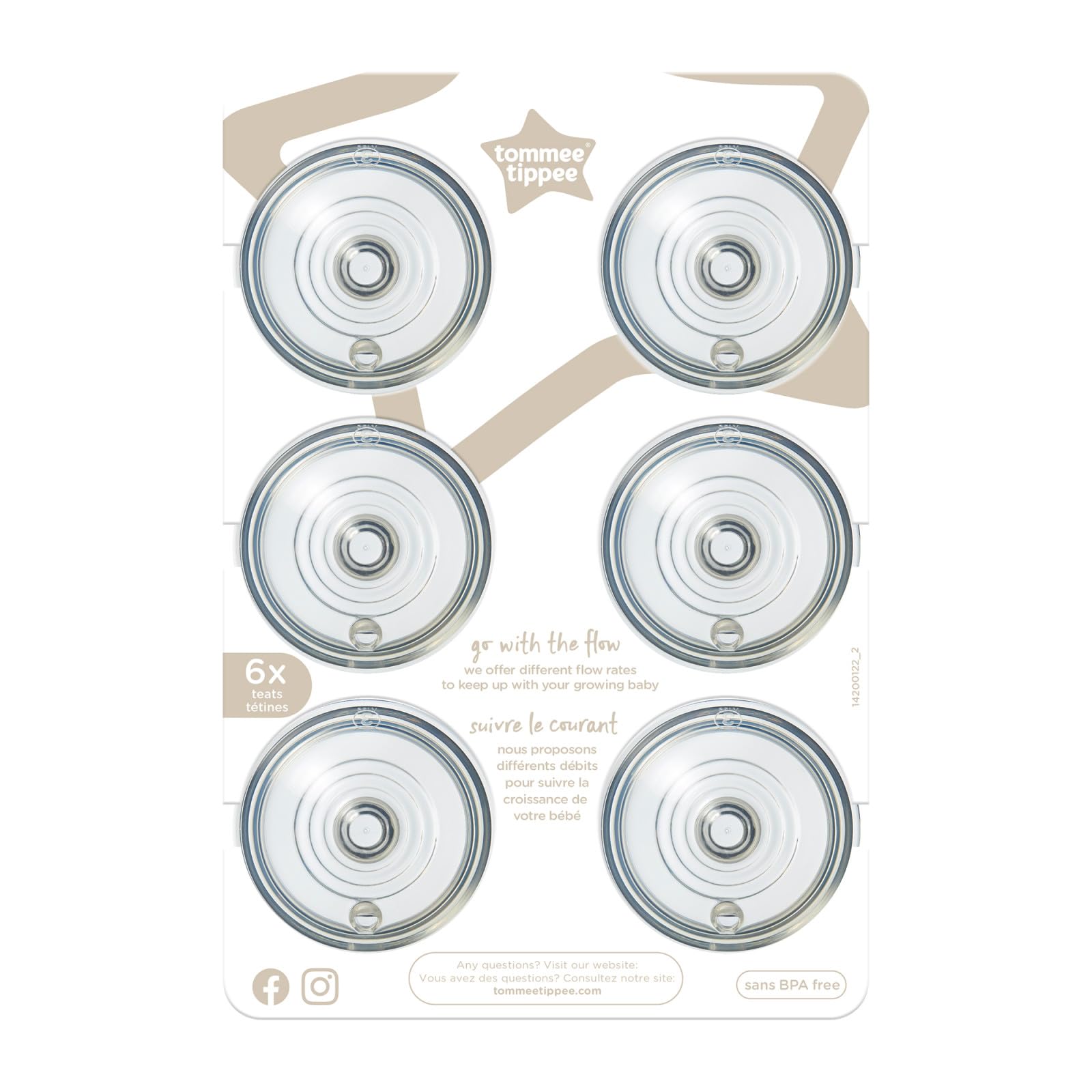 Tommee TippeeCloser to Nature Baby Bottle Nipples, Fast Flow Breast-like, Anti-Colic Valve, Soft Silicone (6m+, 6 Count)