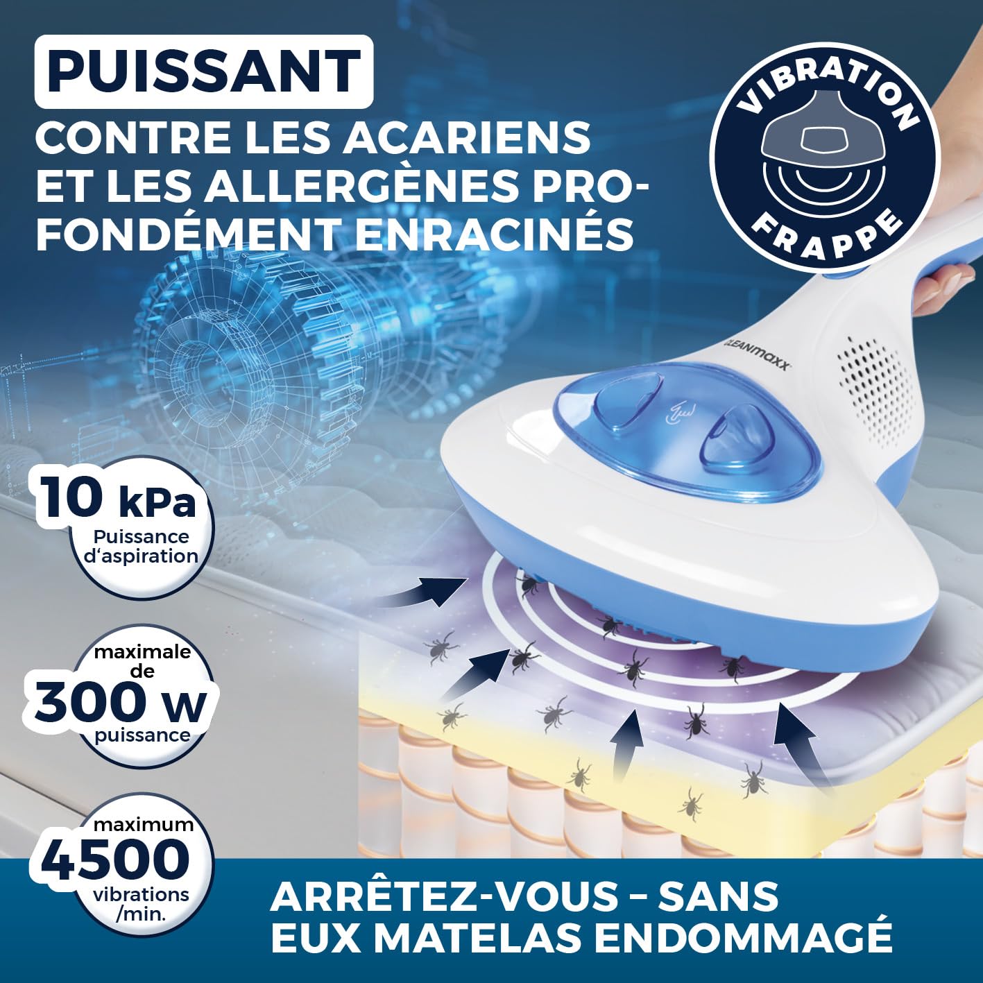 CLEANmaxx aspirateur à acariens avec lumière UV-C stérilisante | Aspirateur à Matelas avec Filtre HEPA, détruit 99,9% de Tous Les acariens | Nettoie et désinfecte en Une Seule étape