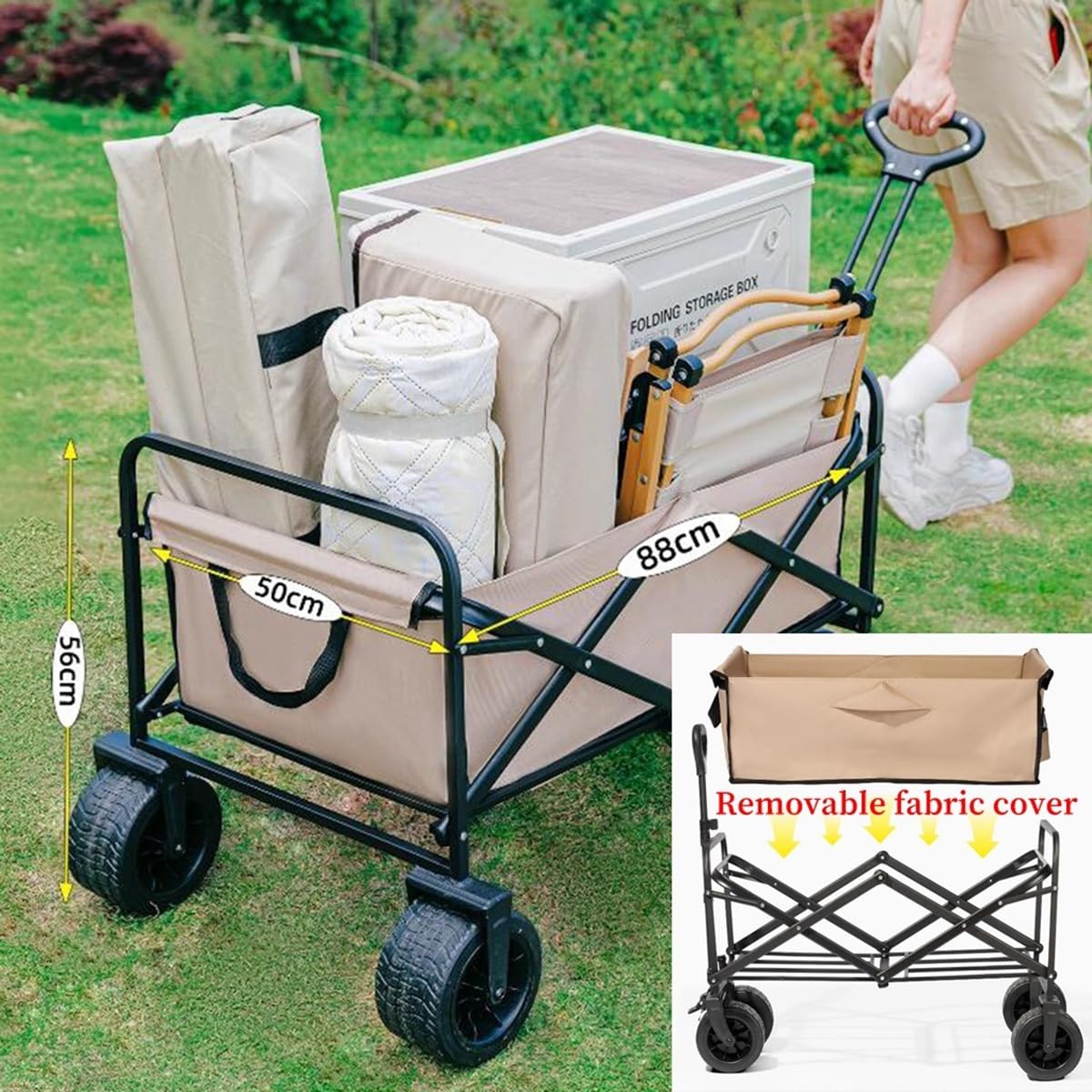 Carrello da spiaggia pieghevole con ruote per tutti i terreni, pieghevole per campeggio, shopping, pesca