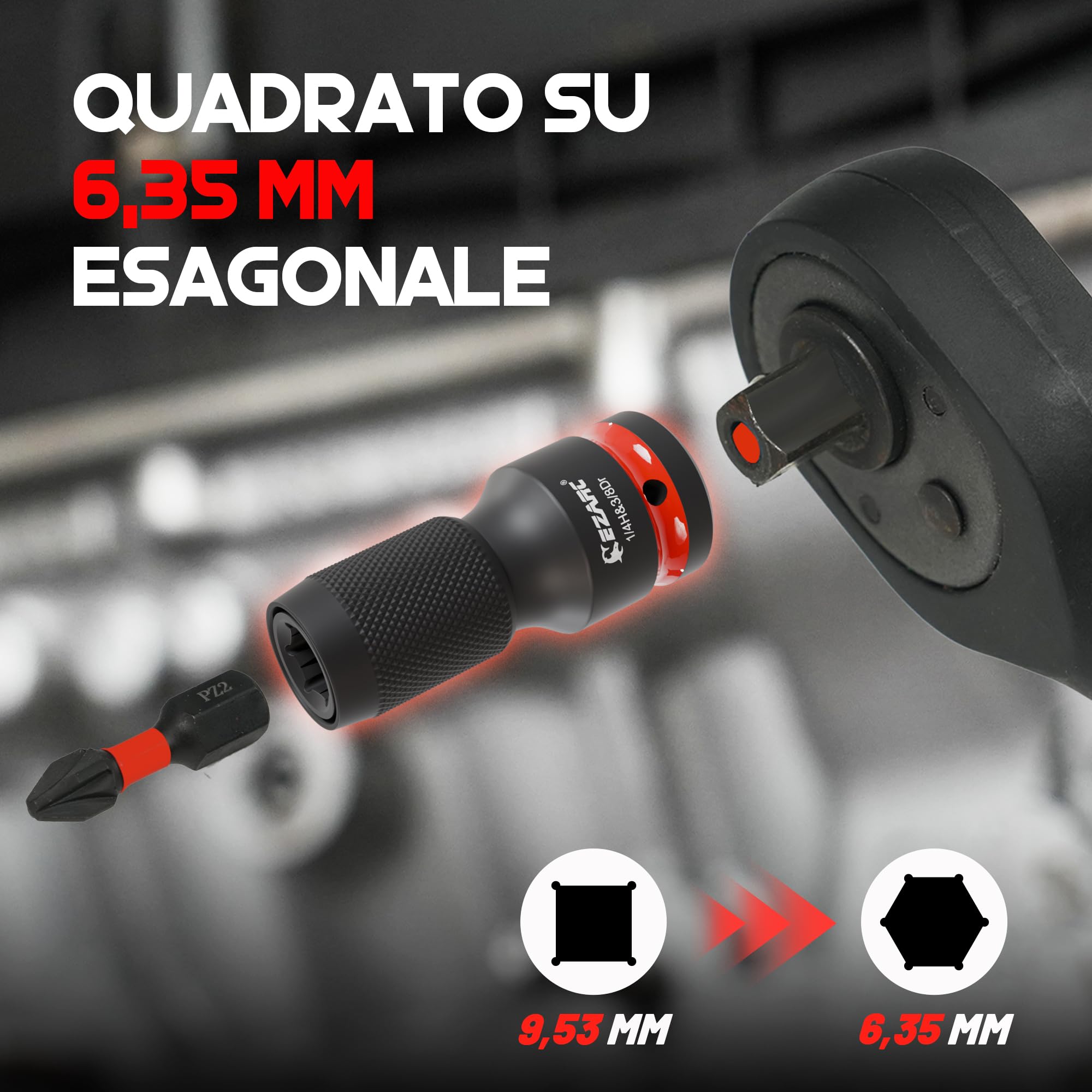 EZARC Set di 21 adattatori per bussole a percussione, include set di bussole girevoli universali CR-MO, accoppiatori a percussione CR-MO, riduttori CR-V, punte di estensione esagonali CR-V, chiavi a