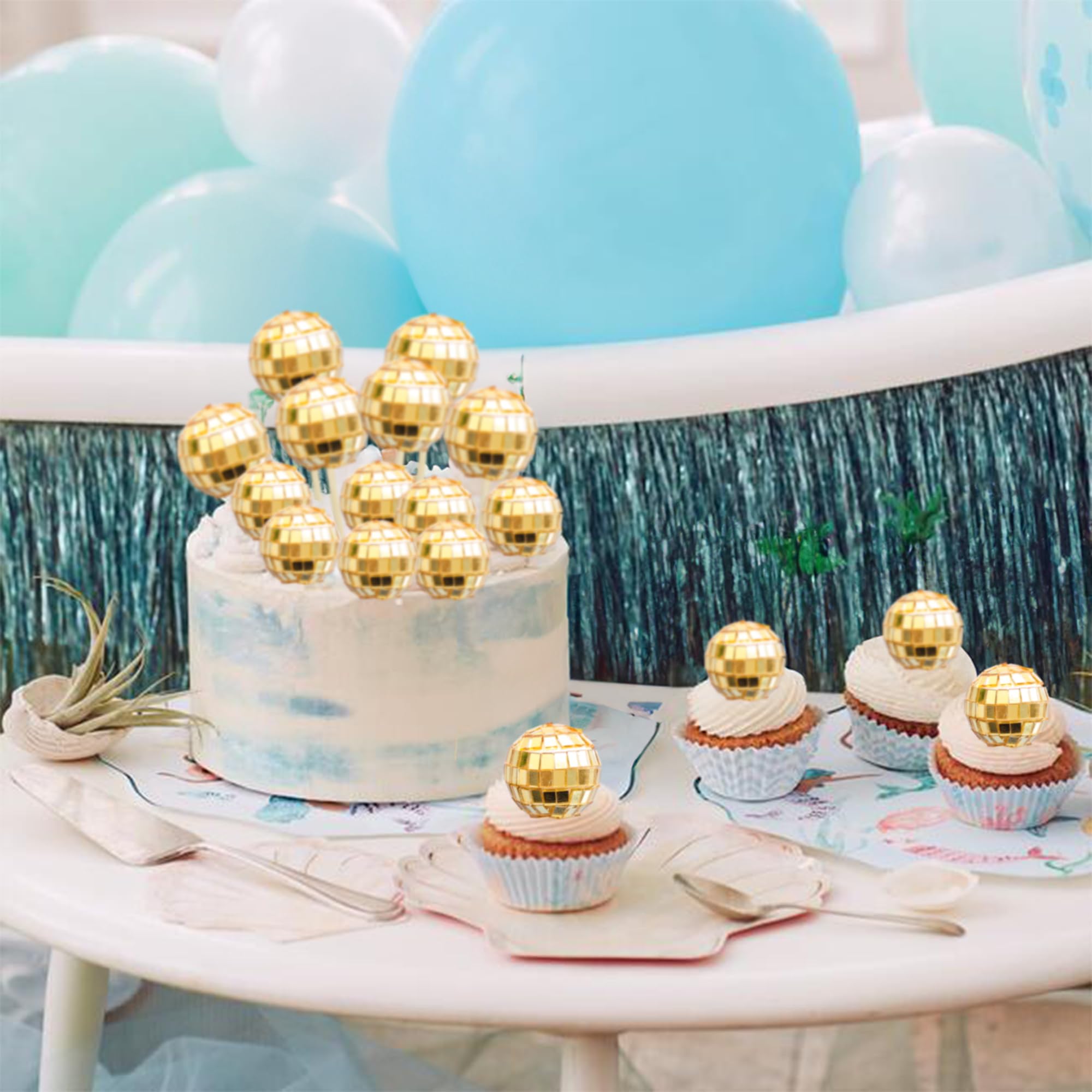 Ephlyn 24Pcs Gold Disco Ball Cupcake Toppers Disco Ball Cupcake Picks Mini Disco Ball Cake Toppers Disco Theme Cake Decorations for Disco Theme Party 70s Disco Party Decorations - Image 4